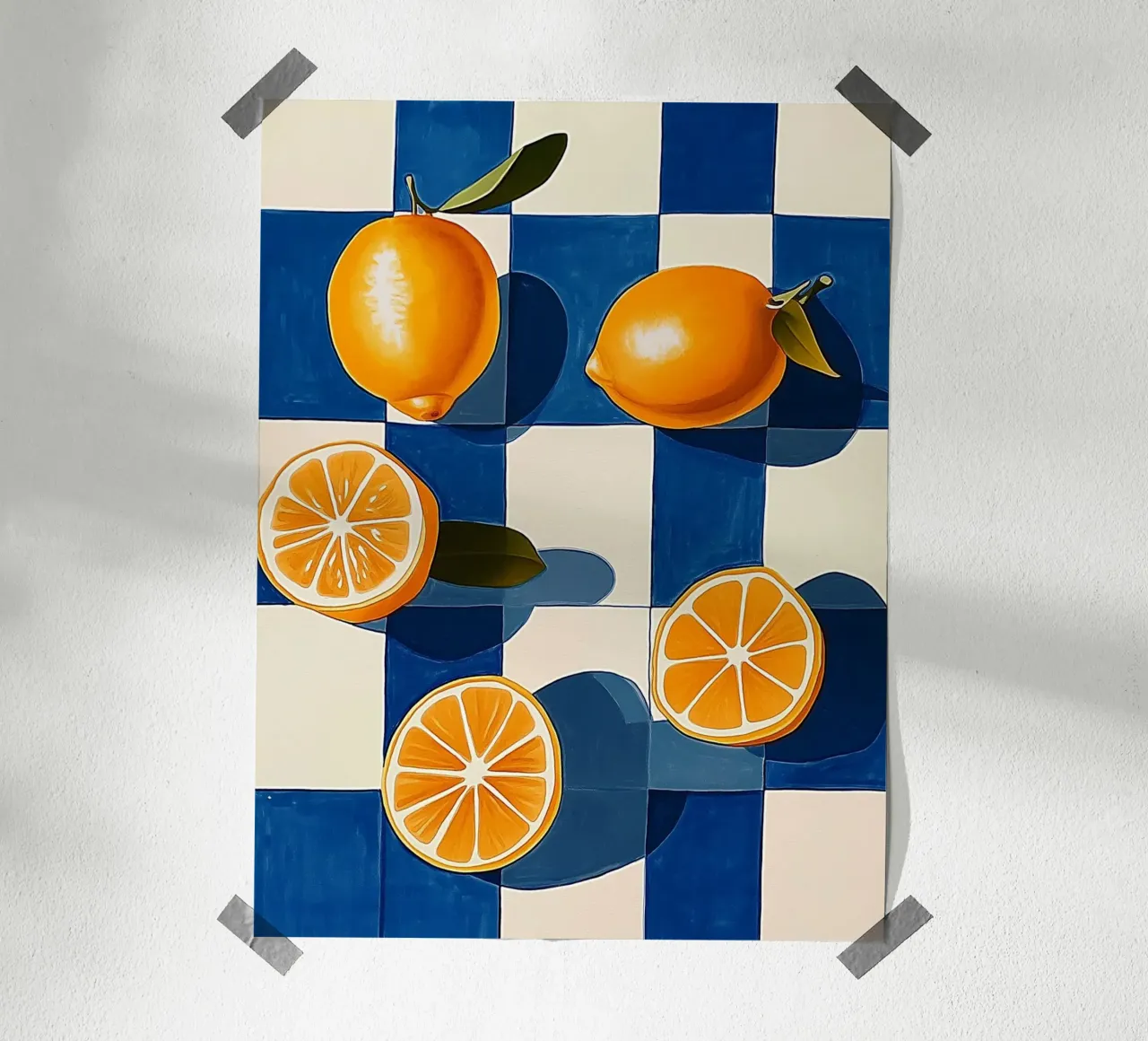 Limoni e scacchiera blu poster con telaio in alluminio da Spice & Style