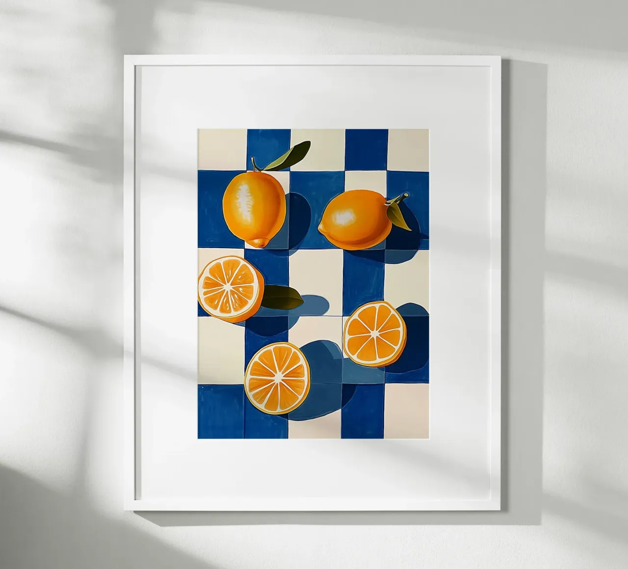 Limoni e scacchiera blu poster con telaio in alluminio da Spice & Style