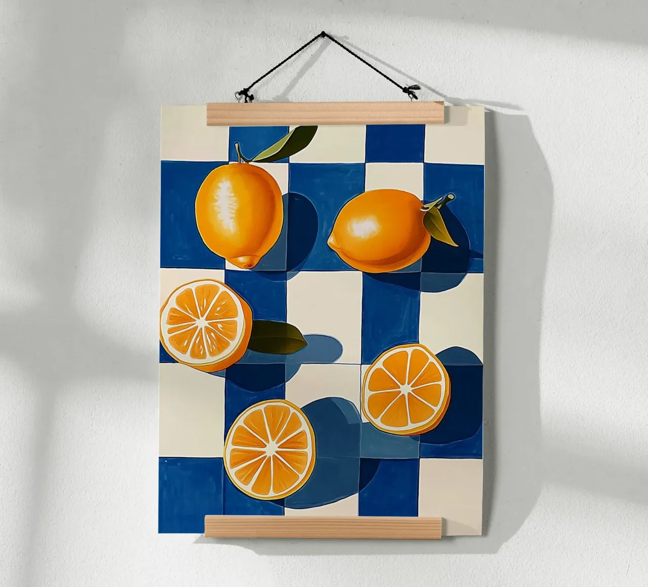 Limoni e scacchiera blu poster con telaio in alluminio da Spice & Style