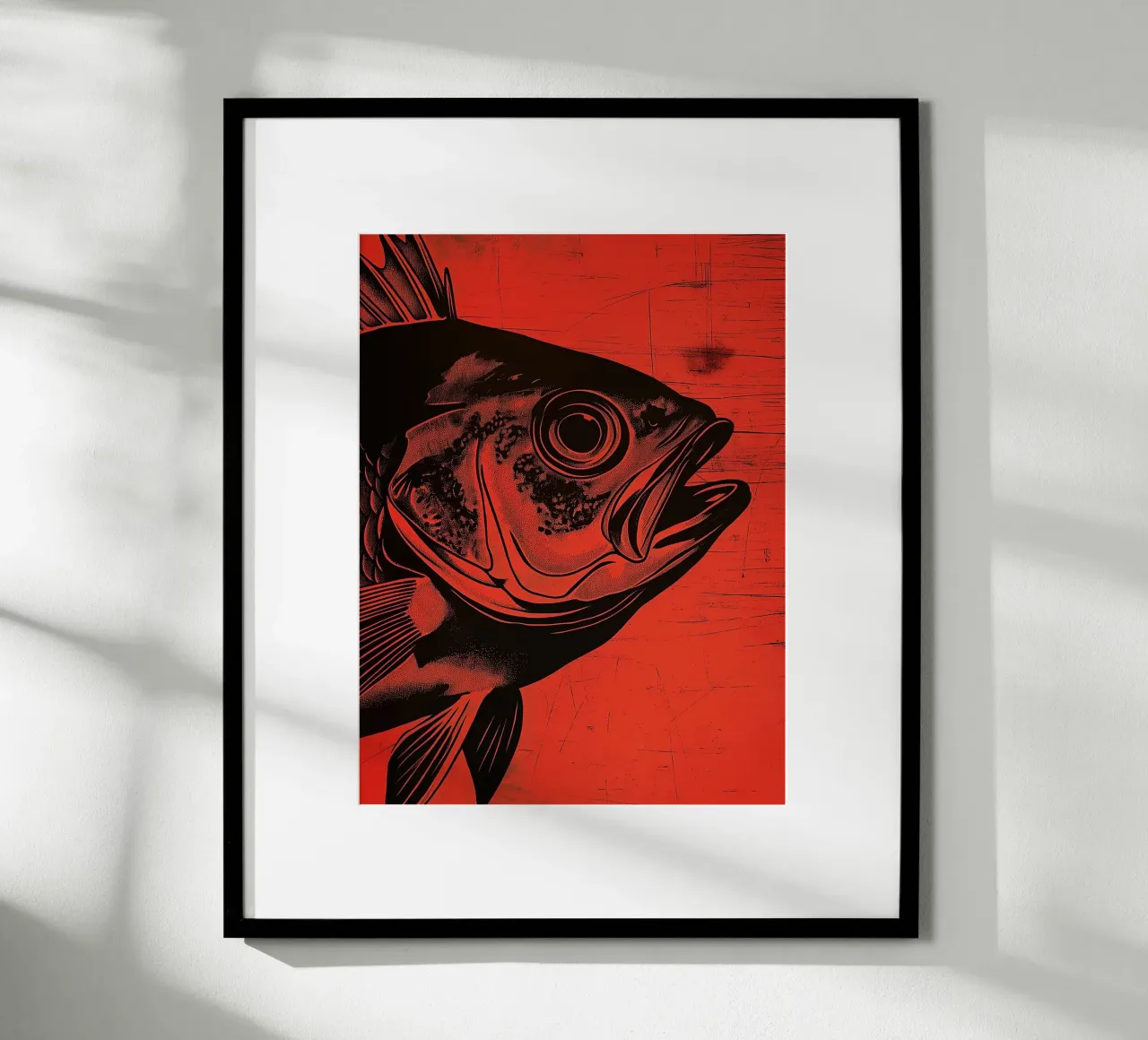 Illustrazione grafica di un pesce poster con telaio in legno da Spice & Style