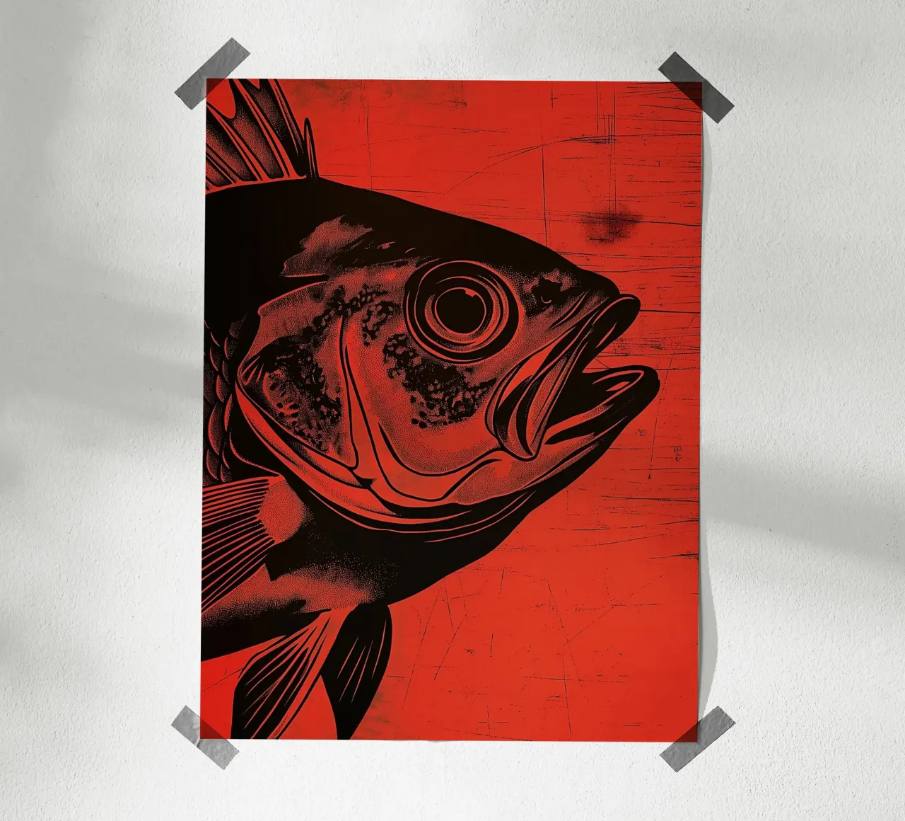 Illustrazione grafica di un pesce poster con telaio in legno da Spice & Style