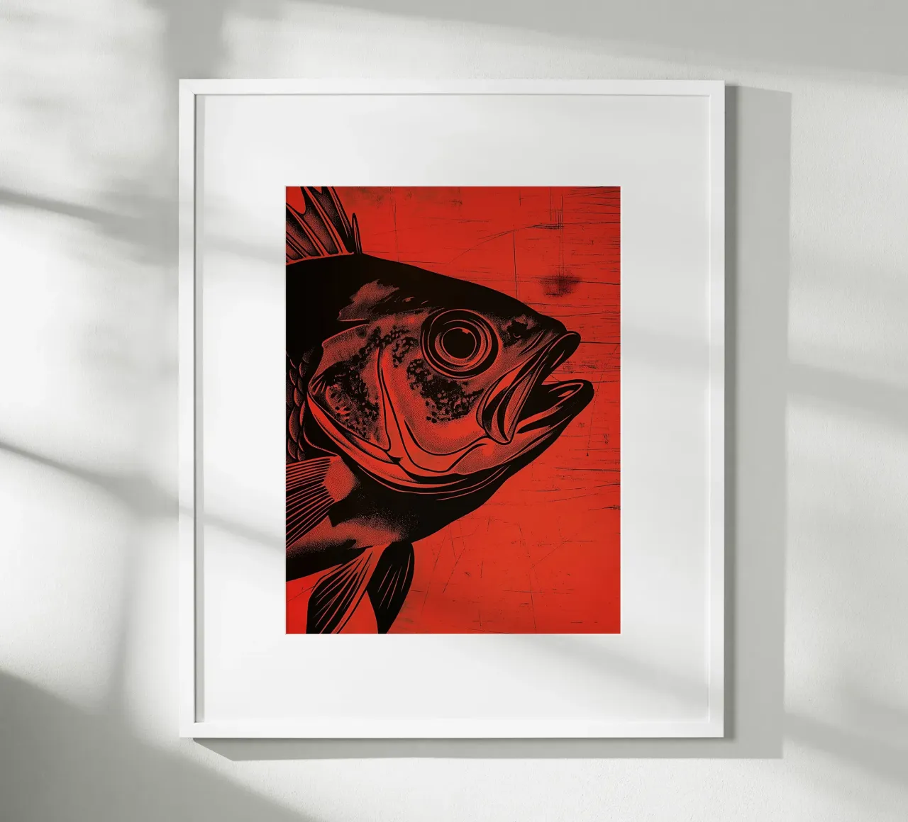 Illustrazione grafica di un pesce poster con telaio in legno da Spice & Style