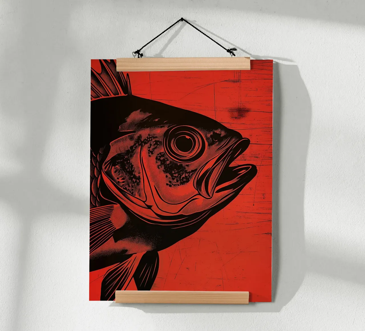 Illustrazione grafica di un pesce poster con telaio in legno da Spice & Style