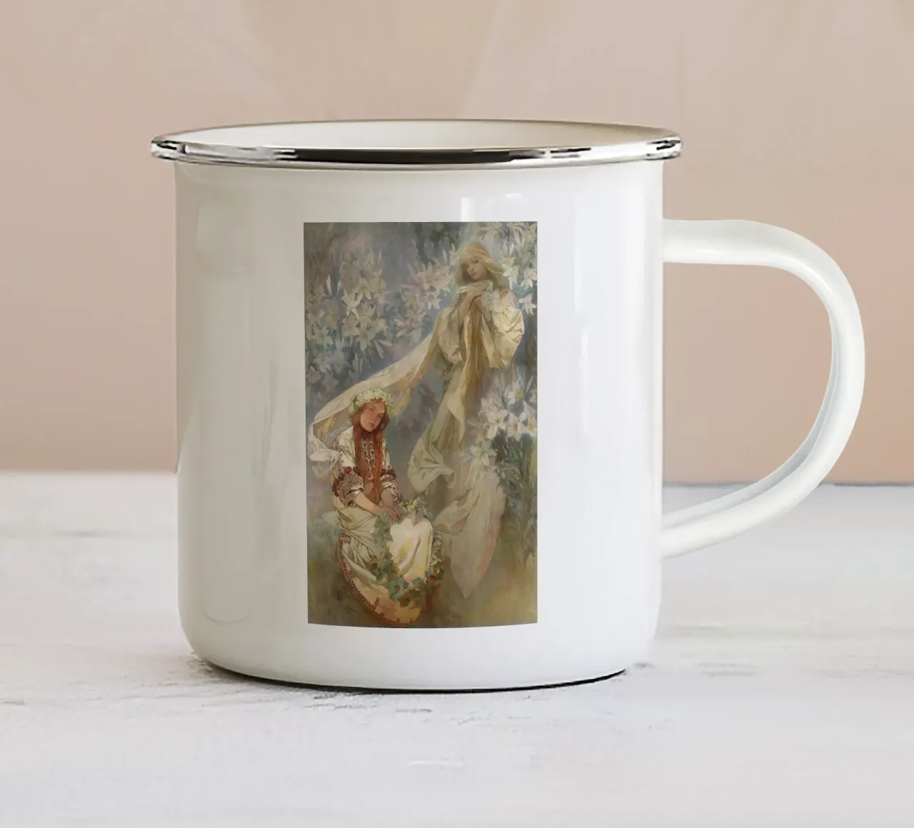 Alphonse Mucha - Madonna dei Gigli tazza in smalto da Timeless Artworks