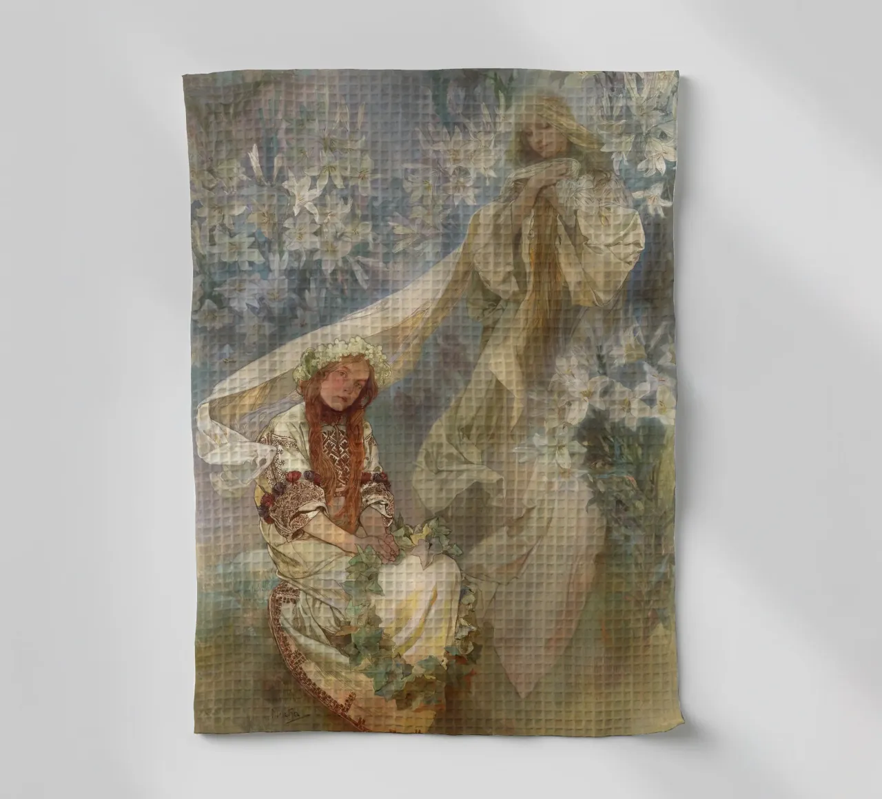 Alphonse Mucha - Madonna of the Lilies tea towel by Timeless Artworks