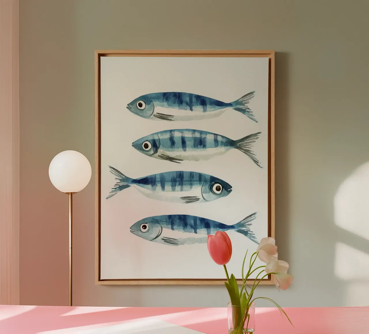 Pesce acquerellato minimalista - Stampa artistica da parete marina costiera tela con Cornice a cassetta da Kaji