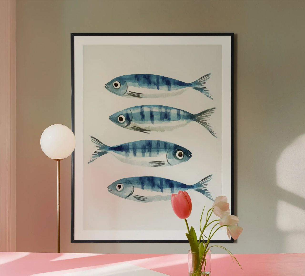 Minimalistisches Aquarell Fisch - Küsten Marine Kunst Wand drucken Poster von Kaji