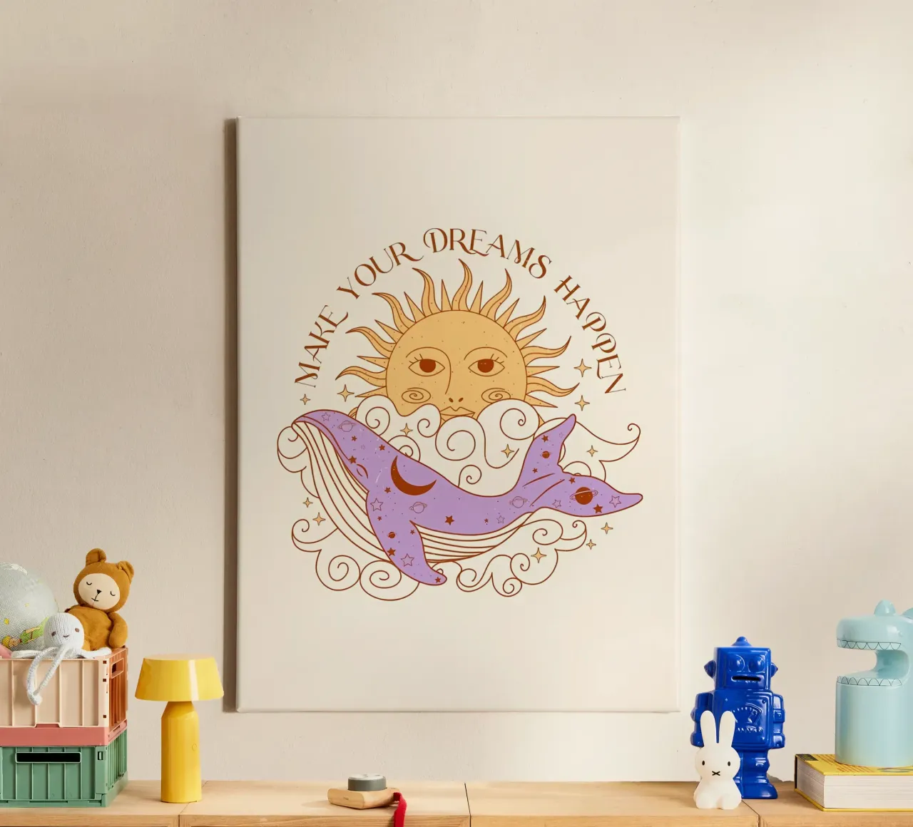Magische dromen Boho zon en walvis kunst canvas met Baklijst van diadang