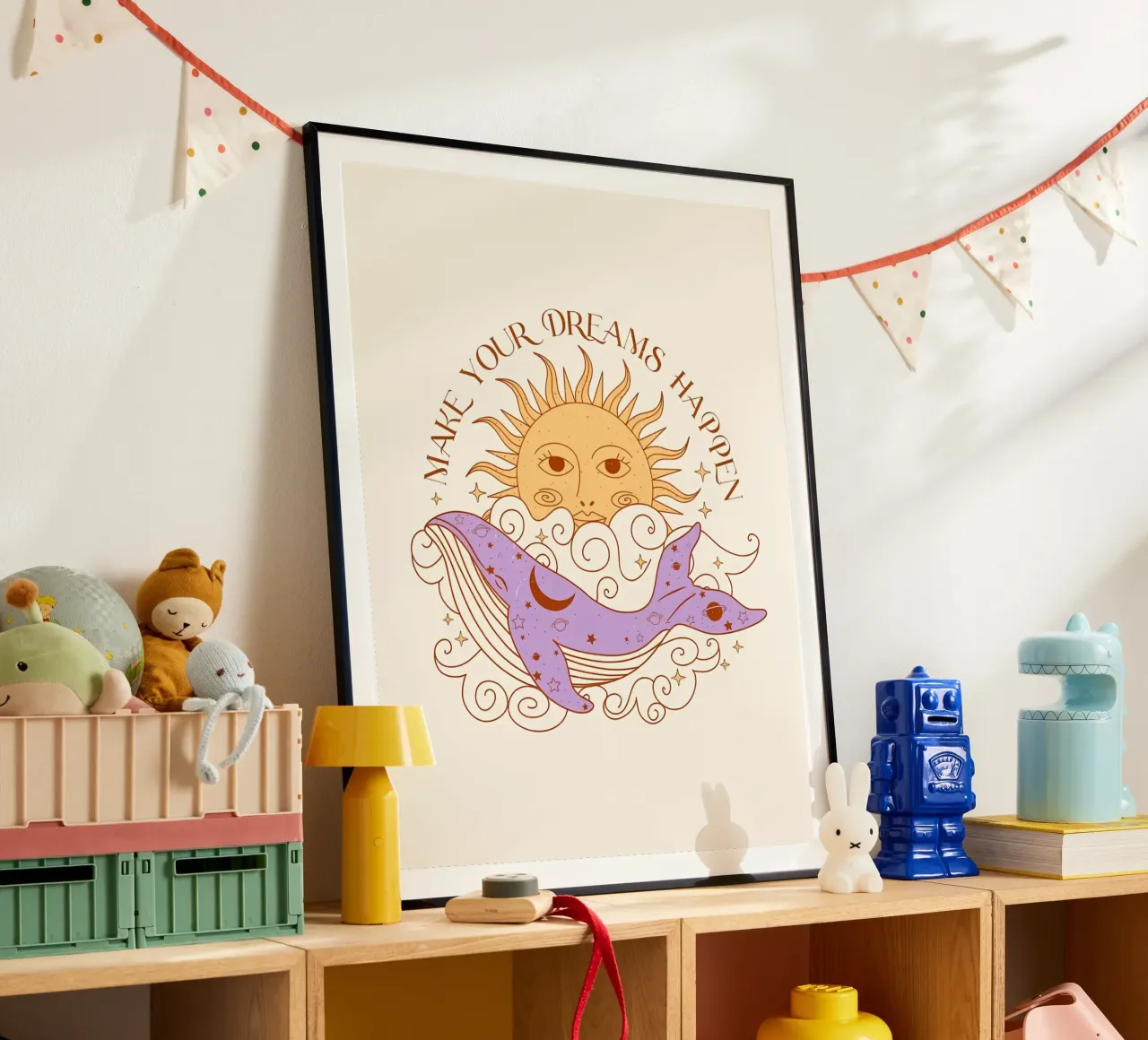 Sogni magici Arte del sole e delle balene in stile boho poster con telaio in legno da diadang