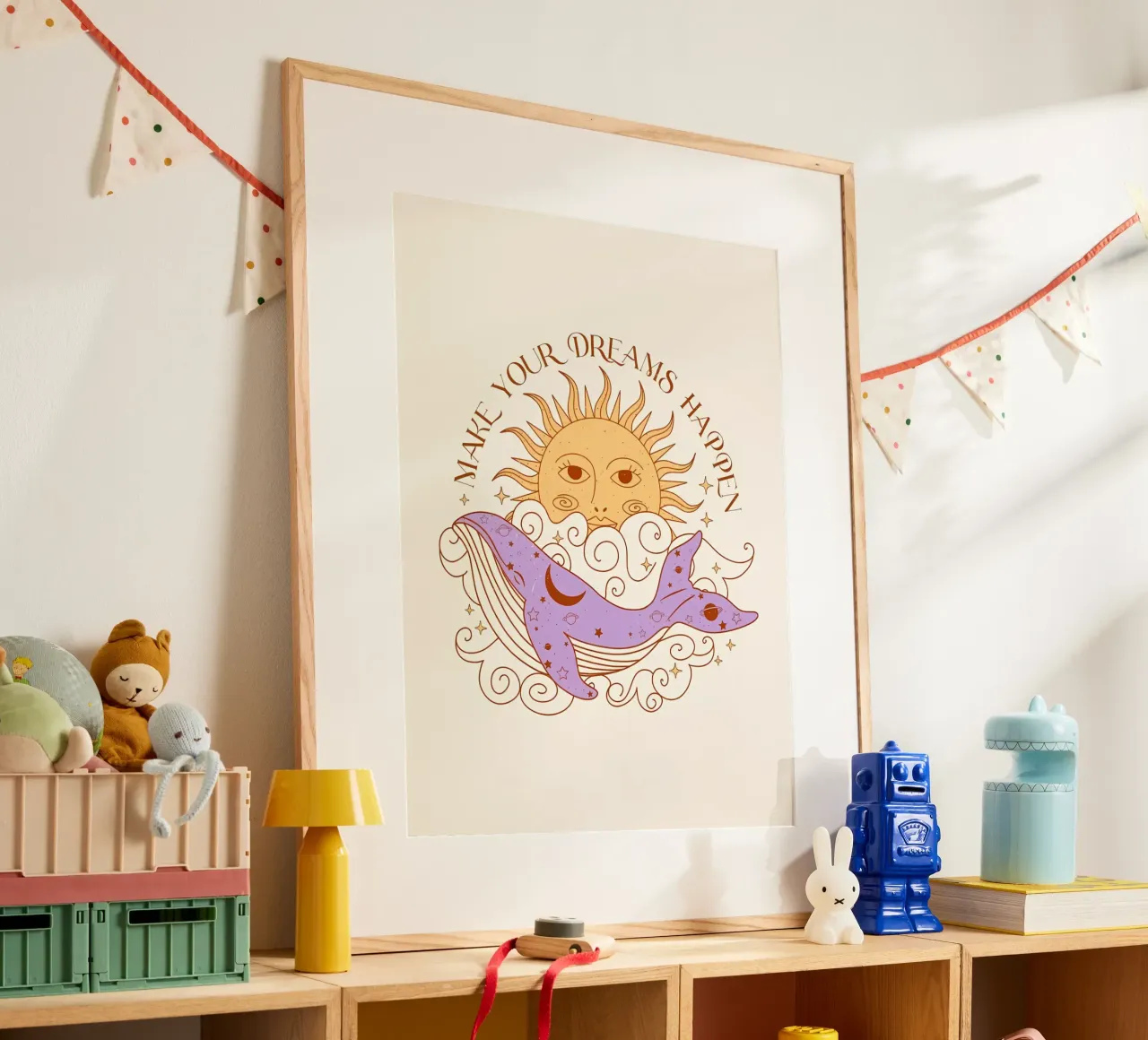 Sogni magici Arte del sole e delle balene in stile boho poster con telaio in legno da diadang