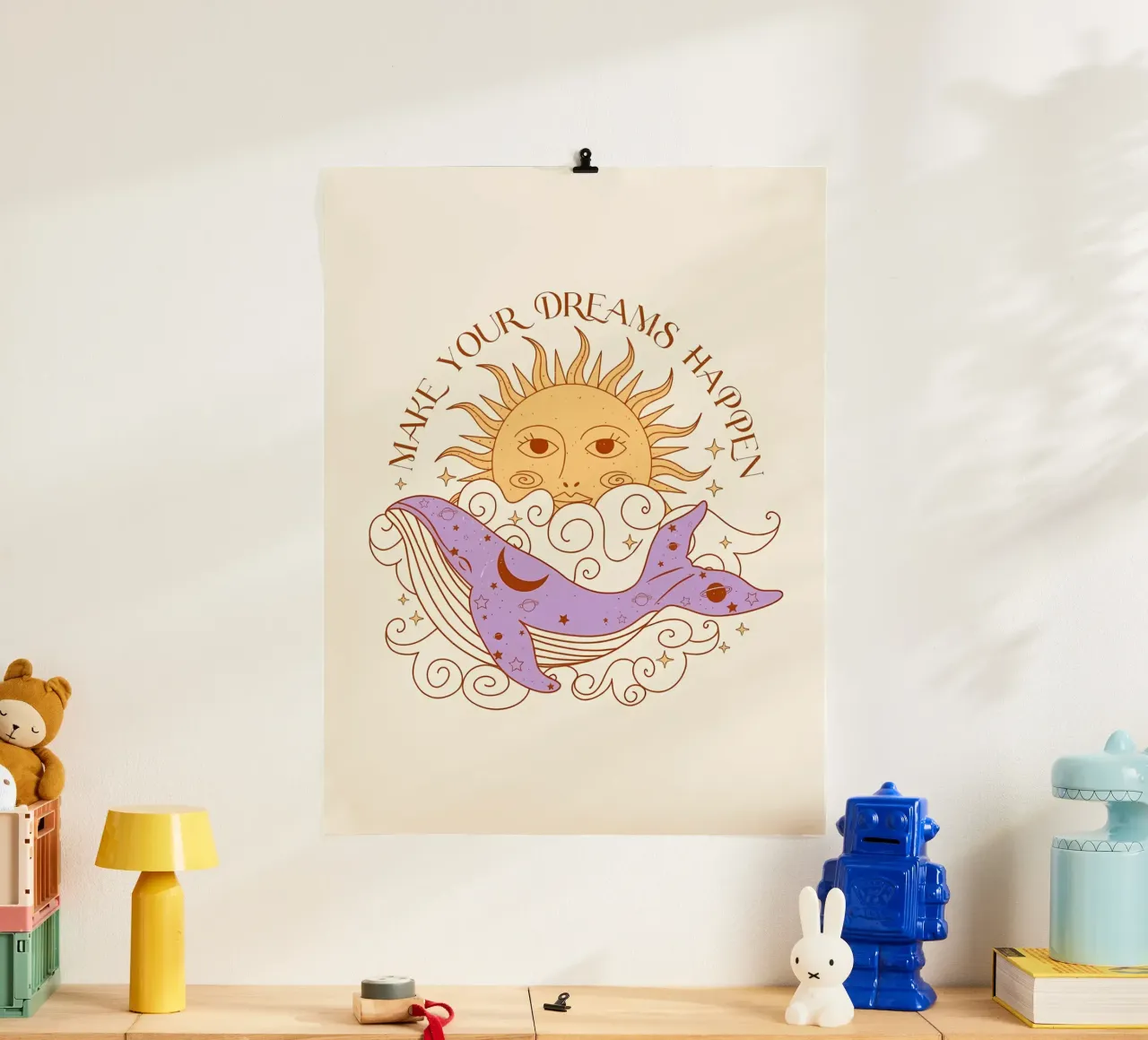 Sogni magici Arte del sole e delle balene in stile boho poster con telaio in legno da diadang