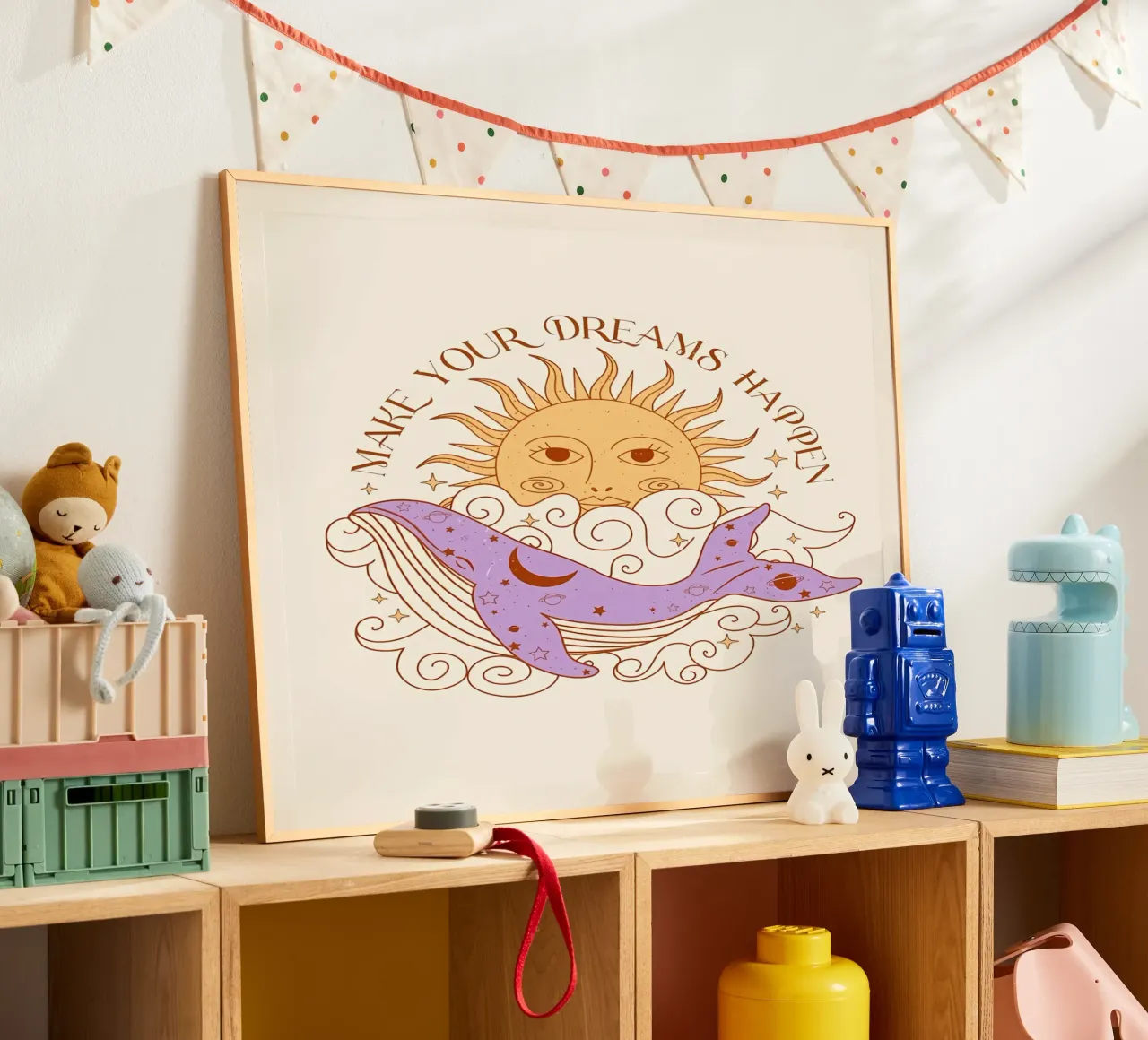 Sogni magici Arte del sole e delle balene in stile boho poster con telaio in legno da diadang