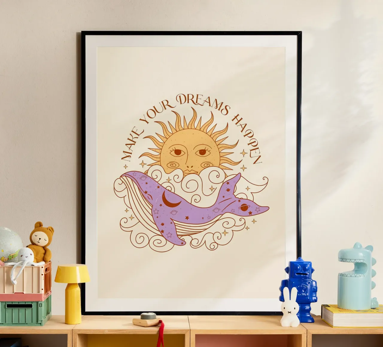 Sogni magici Arte del sole e delle balene in stile boho poster con telaio in legno da diadang
