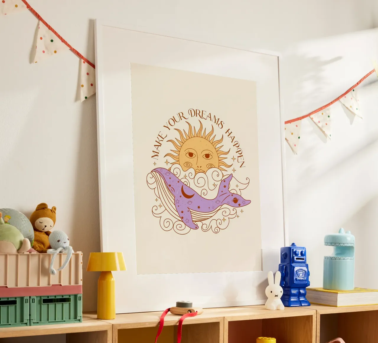 Sogni magici Arte del sole e delle balene in stile boho poster con telaio in legno da diadang