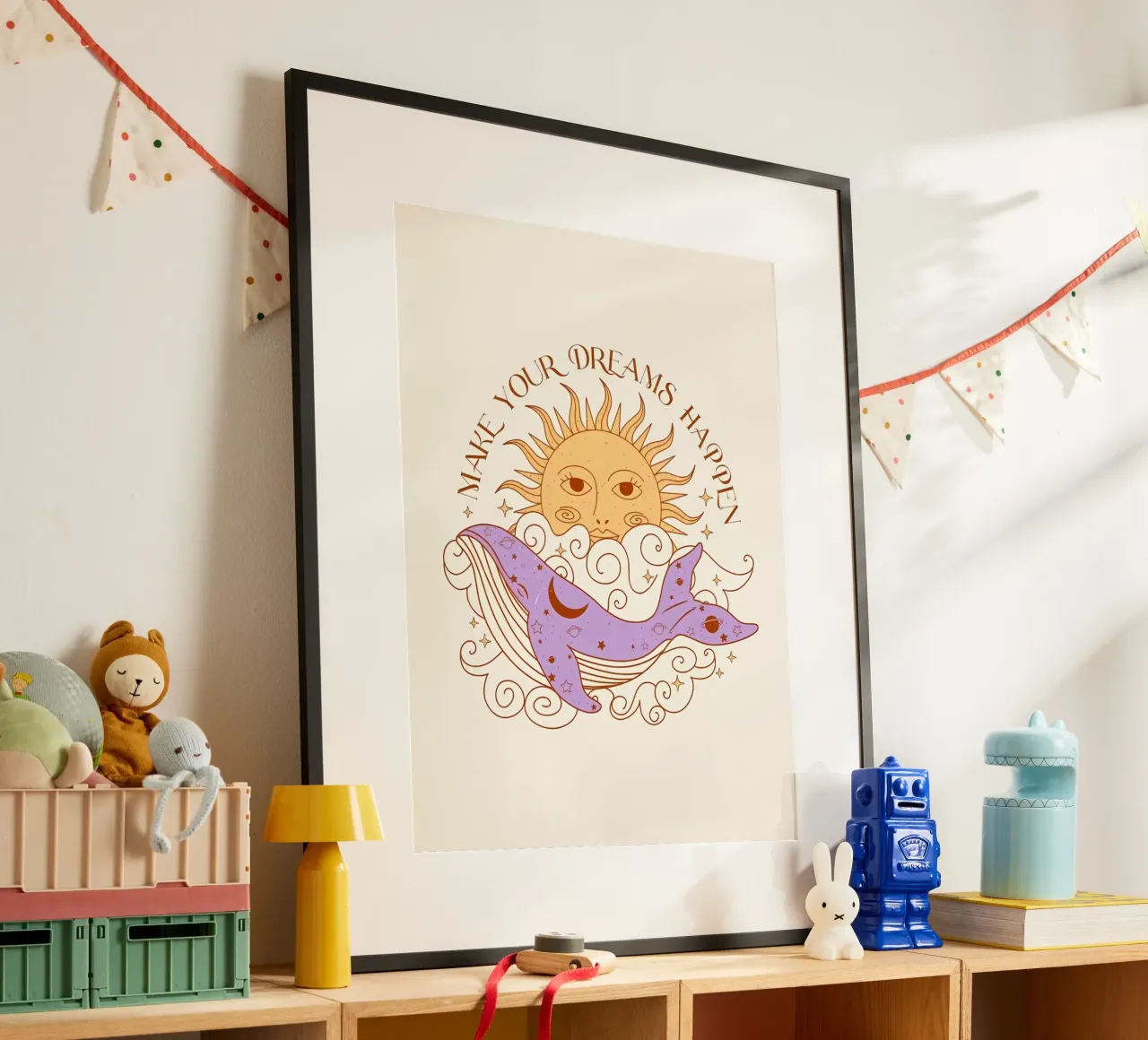 Sogni magici Arte del sole e delle balene in stile boho poster con telaio in legno da diadang