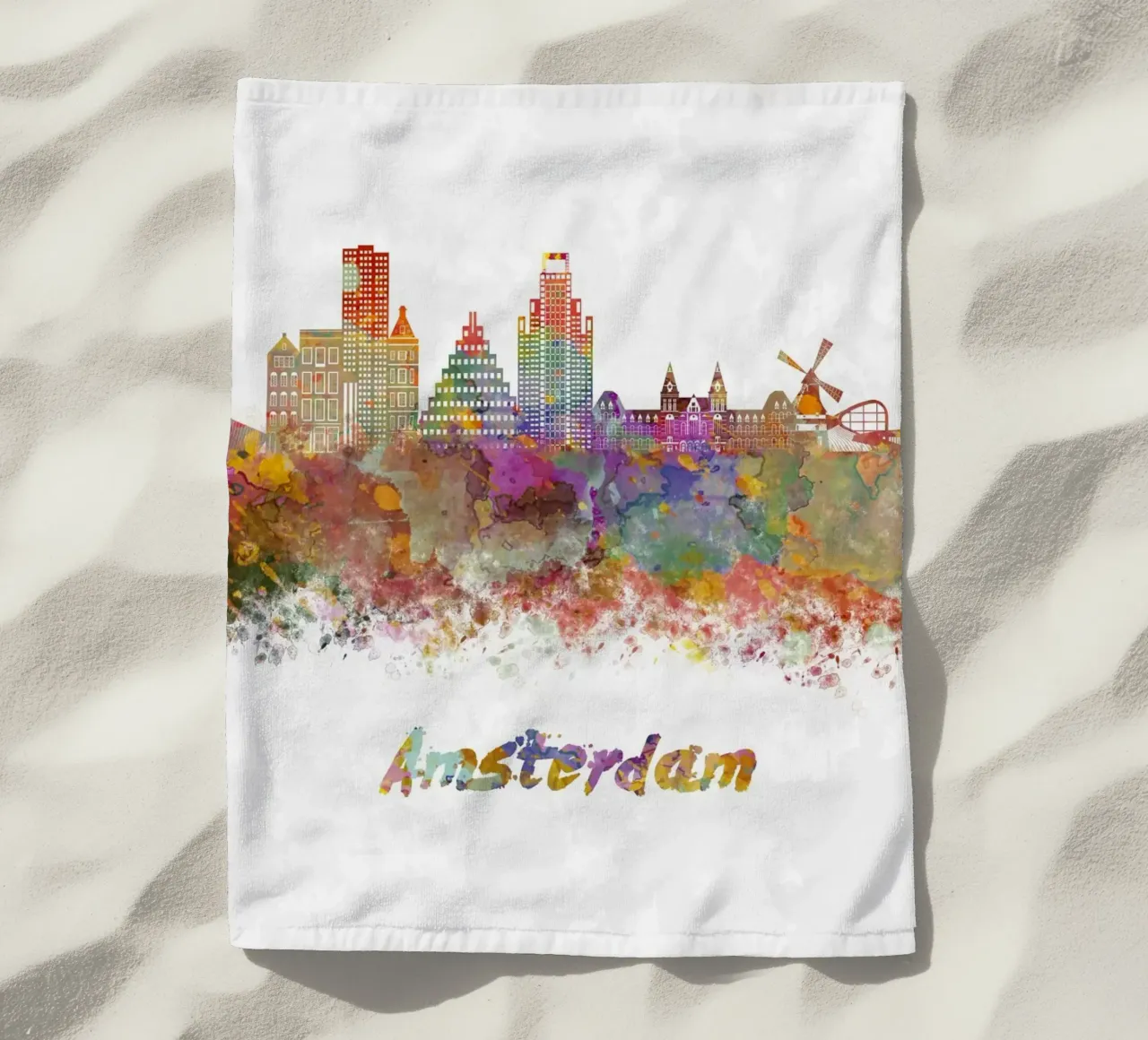 Lo skyline di Amsterdam in acquerello telo mare da 🎁 ARTVI-SHOP