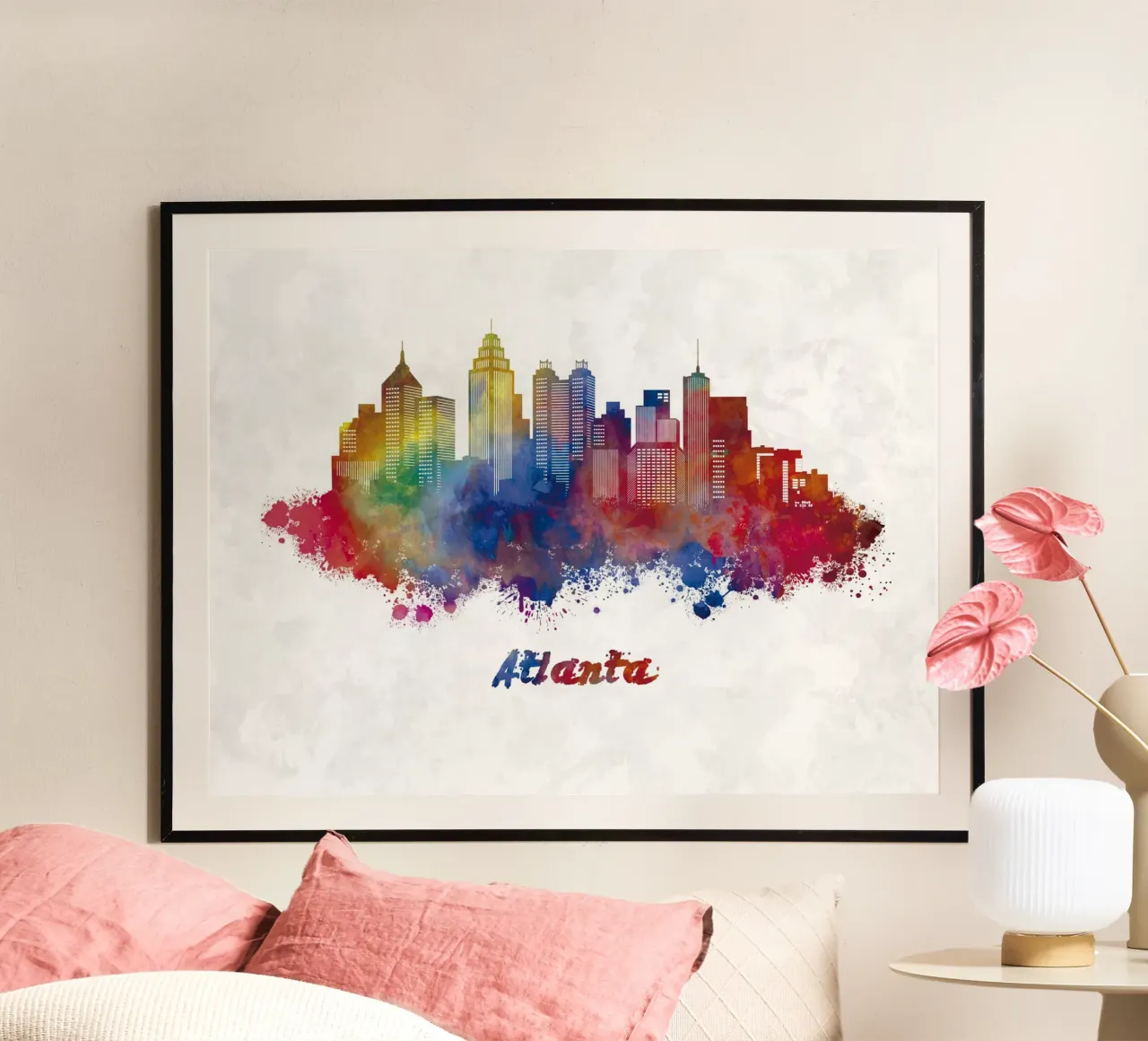 Lo skyline di Atlanta in acquerello poster con telaio in legno da 🎁 ARTVI-SHOP