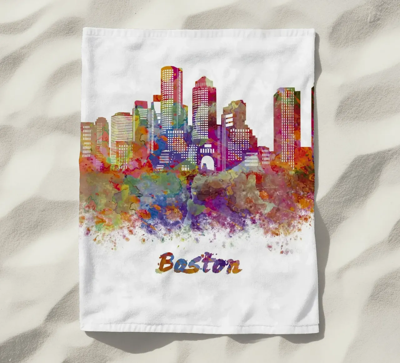 Lo skyline di Boston in acquerello telo mare da 🎁 ARTVI-SHOP