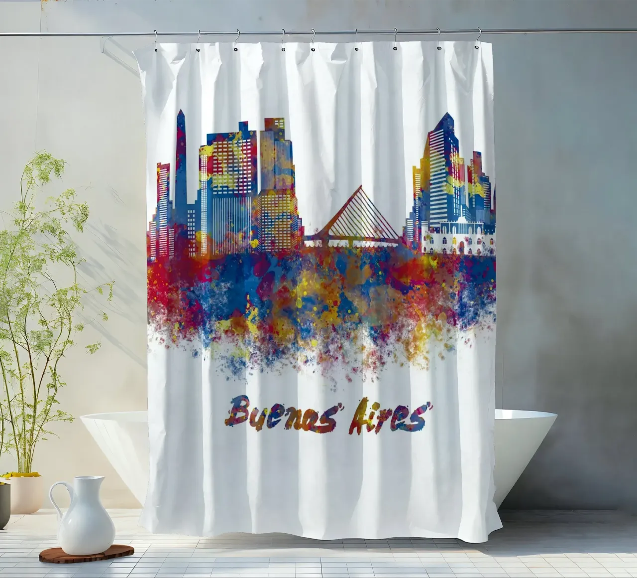 Buenos Aires skyline in watercolor shower curtain by 🎁 ARTVI-SHOP
