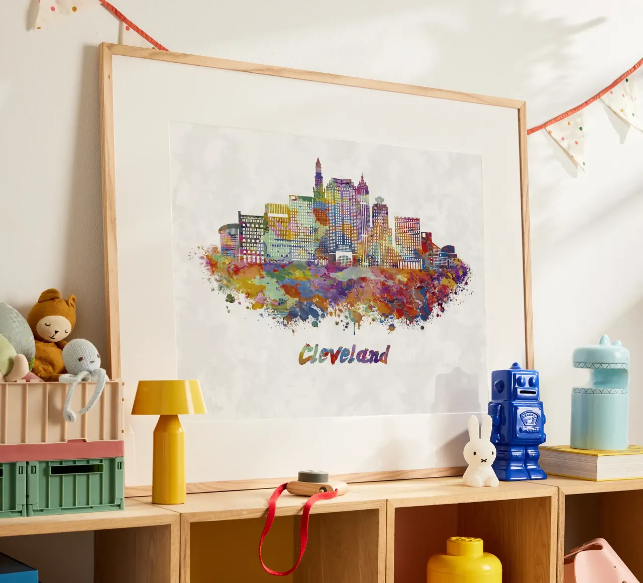 Lo skyline di Cleveland in acquerello poster con telaio in legno da 🎁 ARTVI-SHOP