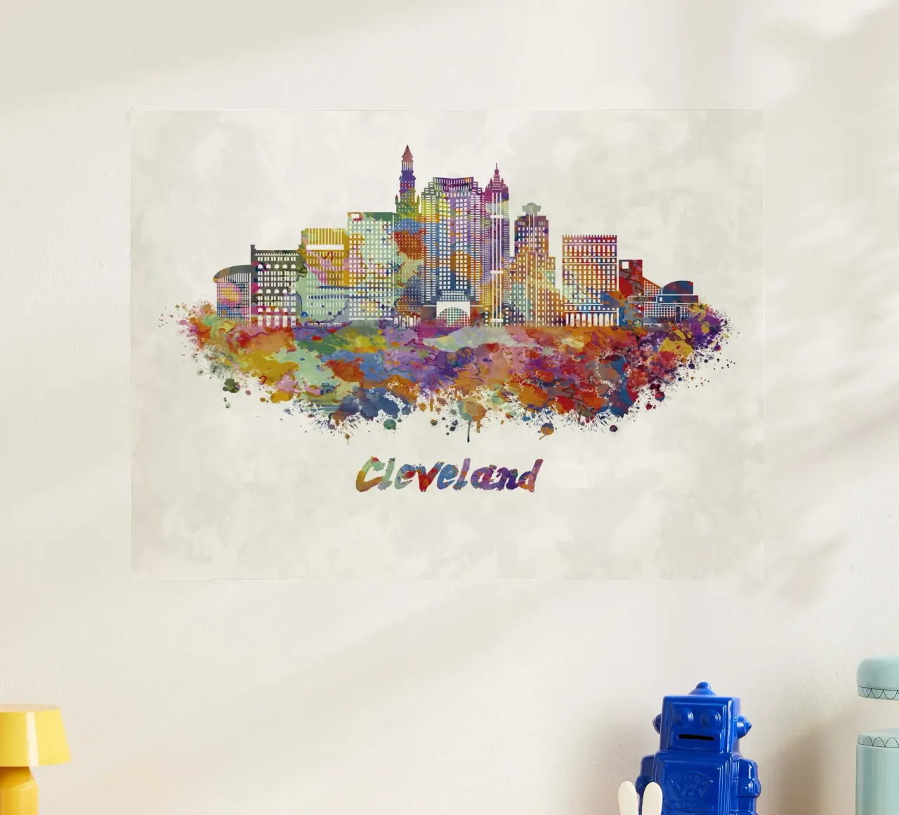 Lo skyline di Cleveland in acquerello poster con telaio in legno da 🎁 ARTVI-SHOP