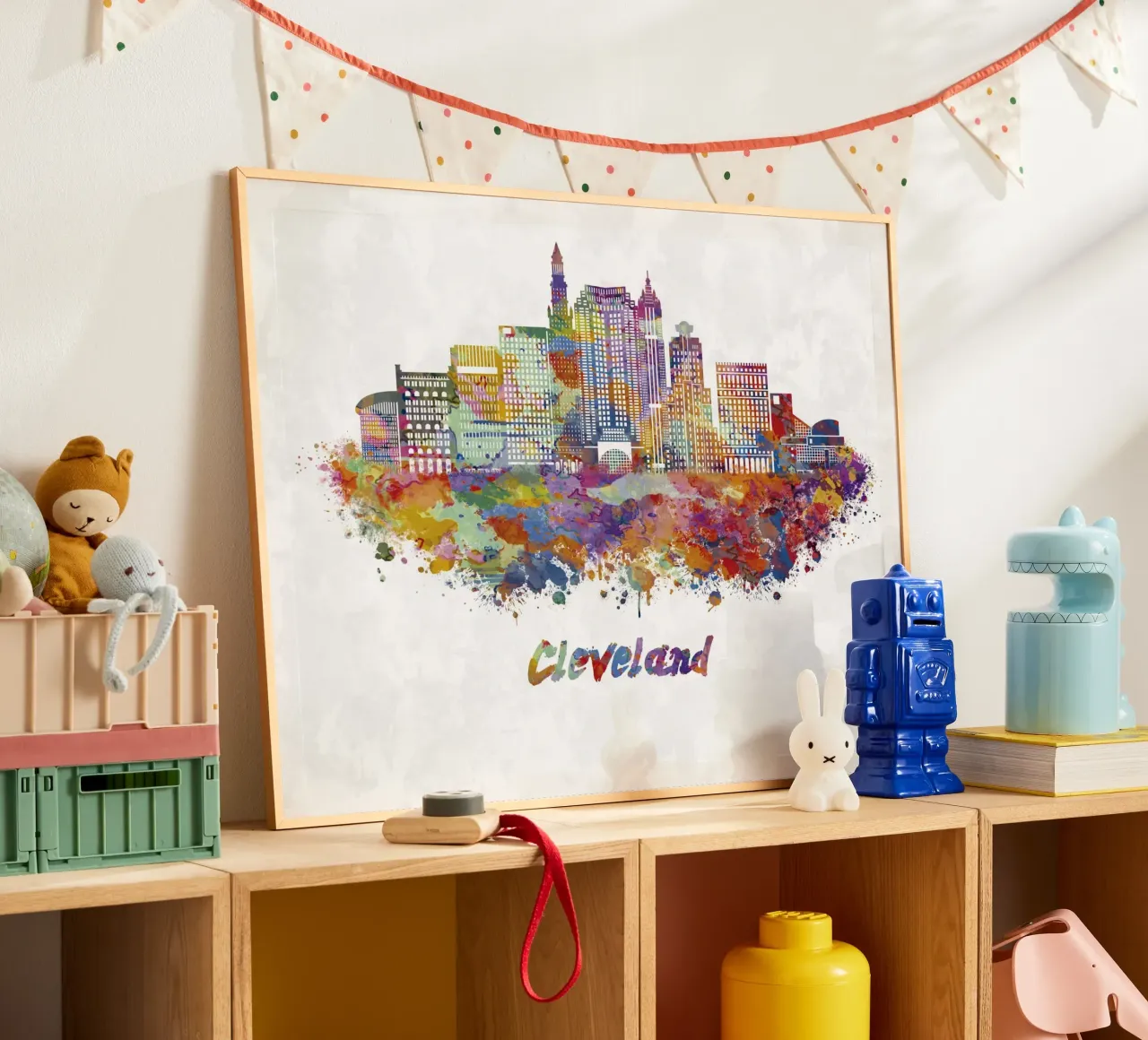Lo skyline di Cleveland in acquerello poster con telaio in legno da 🎁 ARTVI-SHOP