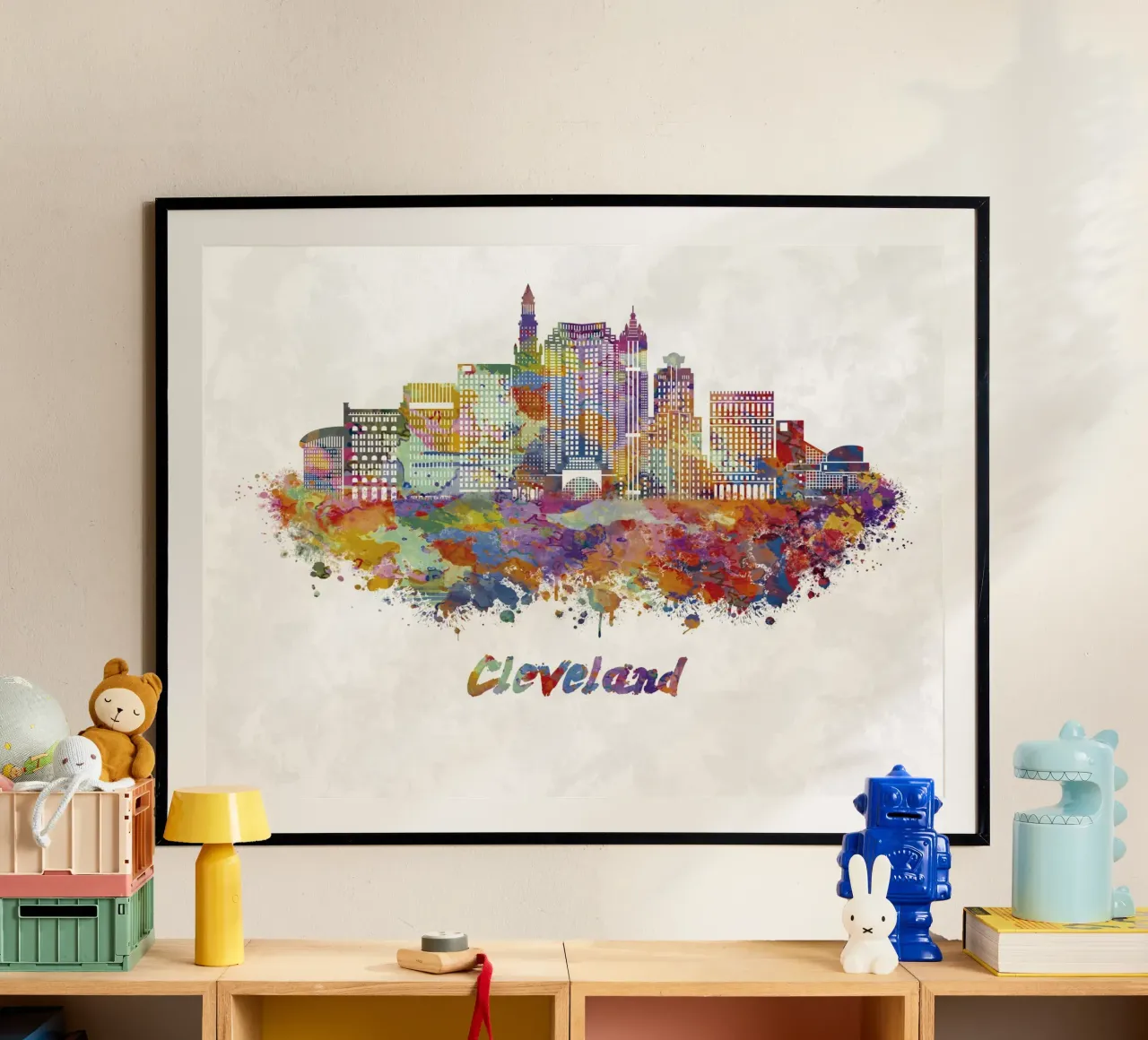 Lo skyline di Cleveland in acquerello poster con telaio in legno da 🎁 ARTVI-SHOP