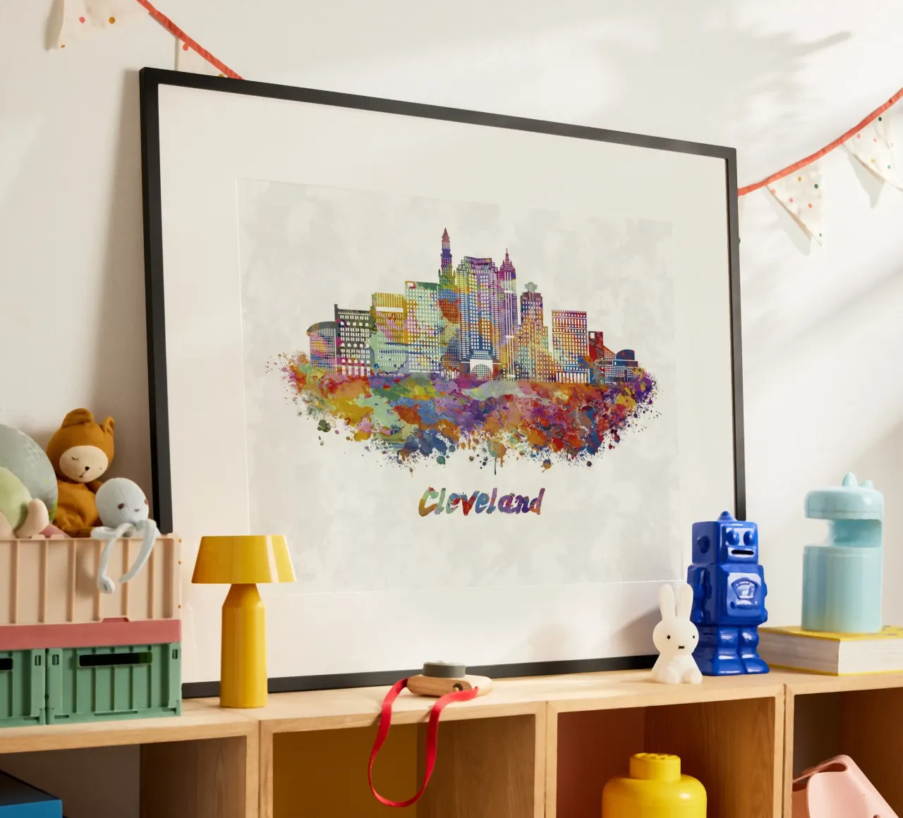 Lo skyline di Cleveland in acquerello poster con telaio in legno da 🎁 ARTVI-SHOP