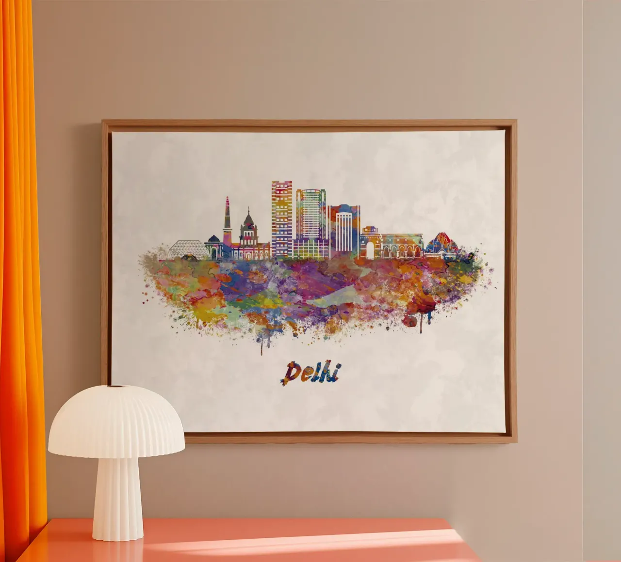 skyline di delhi in acquerello tela con Cornice a cassetta da 🎁 ARTVI-SHOP