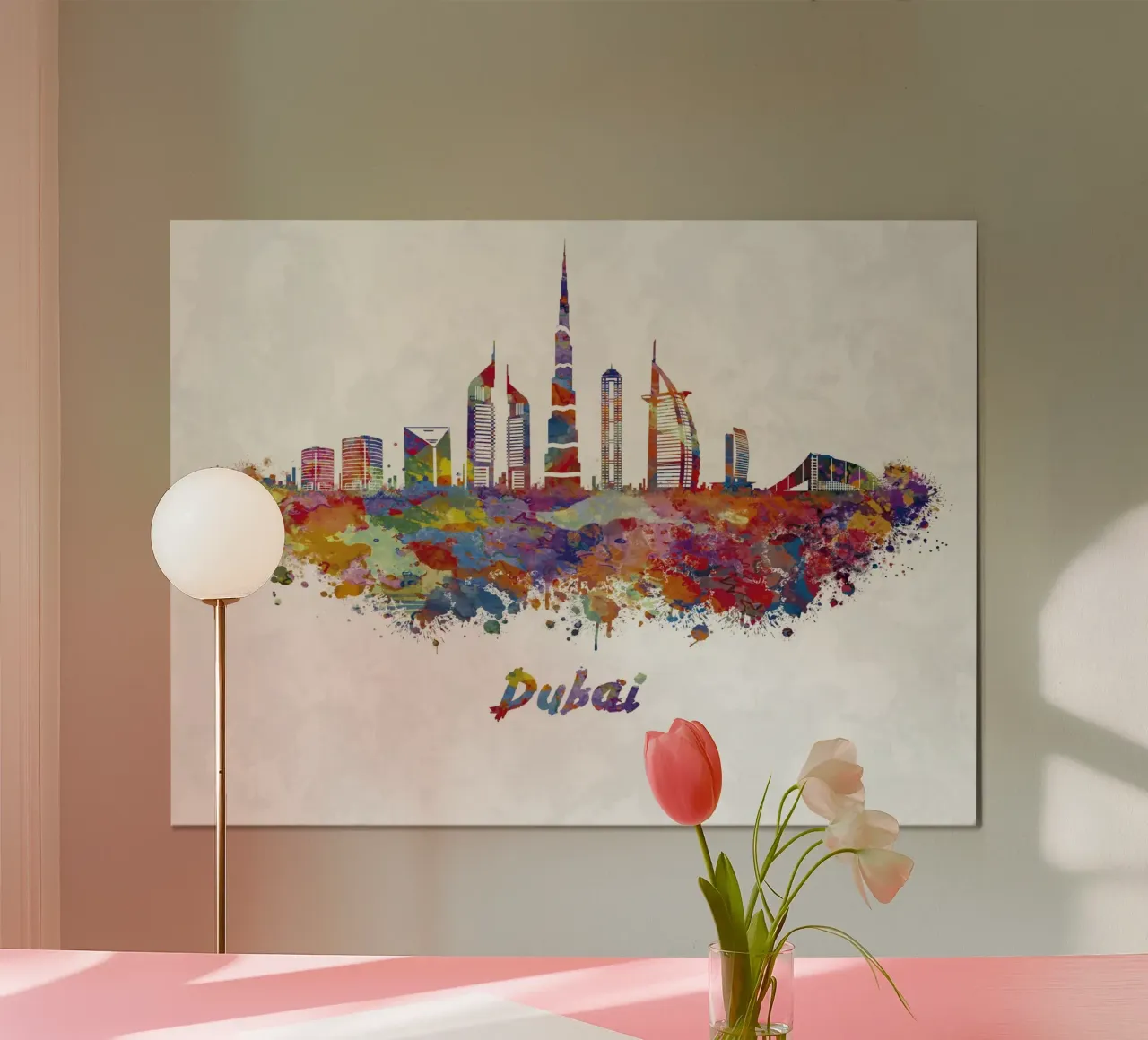 Lo skyline di Dubai in acquerello poster con telaio in legno da 🎁 ARTVI-SHOP