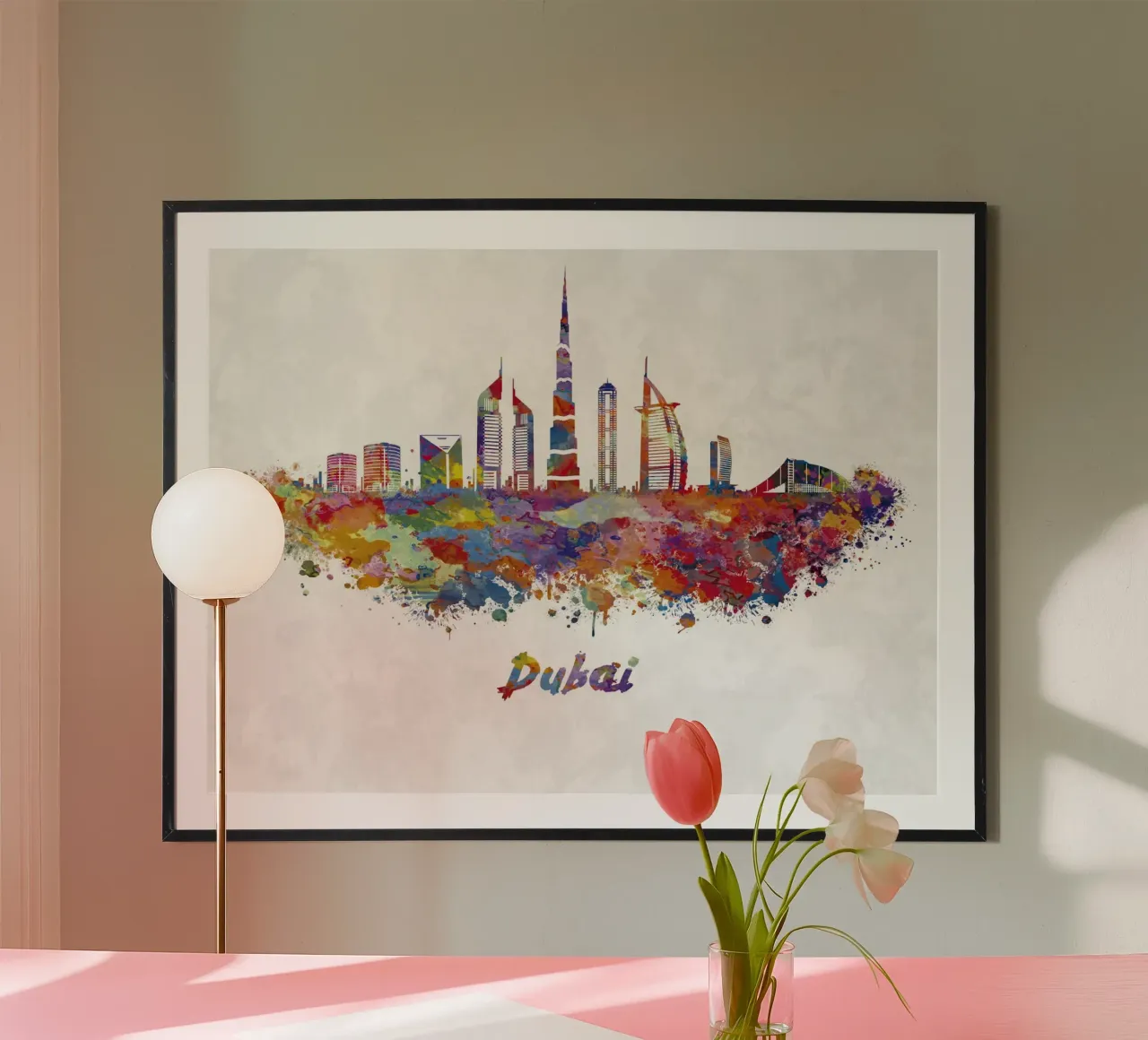 Lo skyline di Dubai in acquerello poster con telaio in legno da 🎁 ARTVI-SHOP
