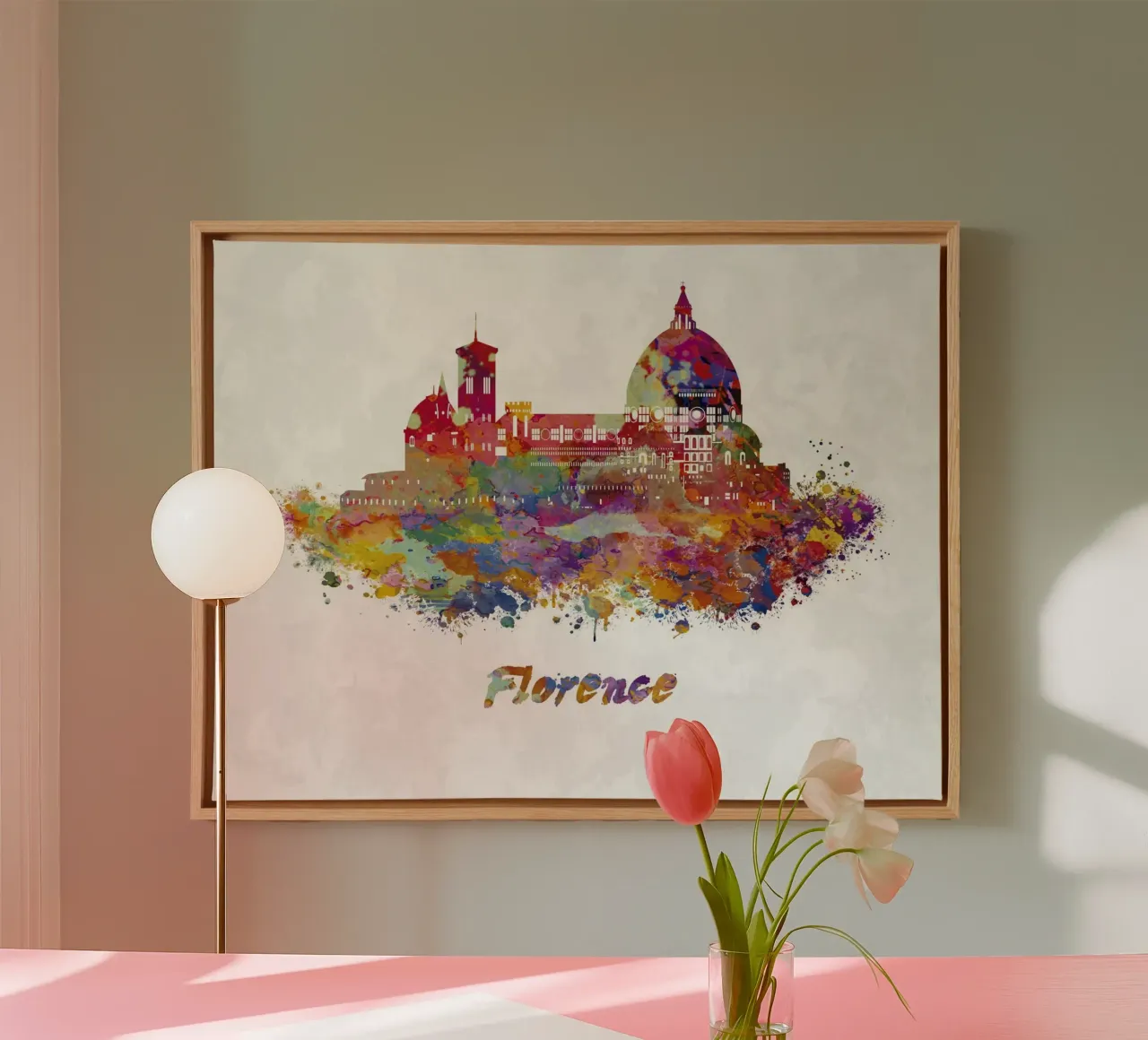 Lo skyline di Firenze in acquerello tela con Cornice a cassetta da 🎁 ARTVI-SHOP