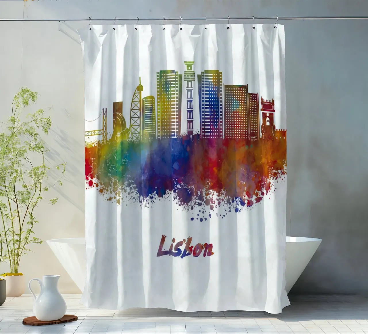 Lo skyline di Lisbona in acquerello tenda da doccia da 🎁 ARTVI-SHOP