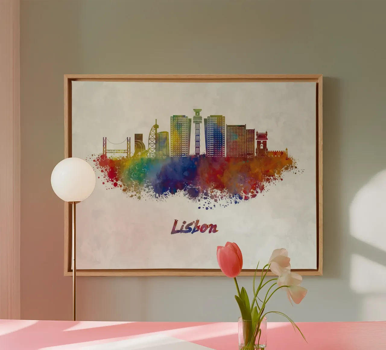 Lo skyline di Lisbona in acquerello tela con Cornice a cassetta da 🎁 ARTVI-SHOP