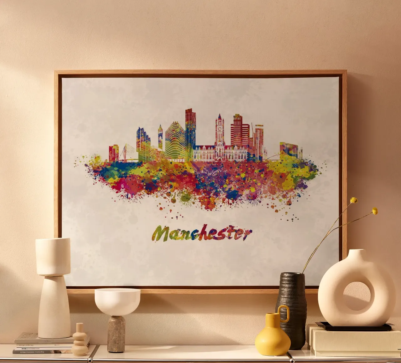 Manchester skyline in aquarel canvas met Baklijst van 🎁 ARTVI-SHOP