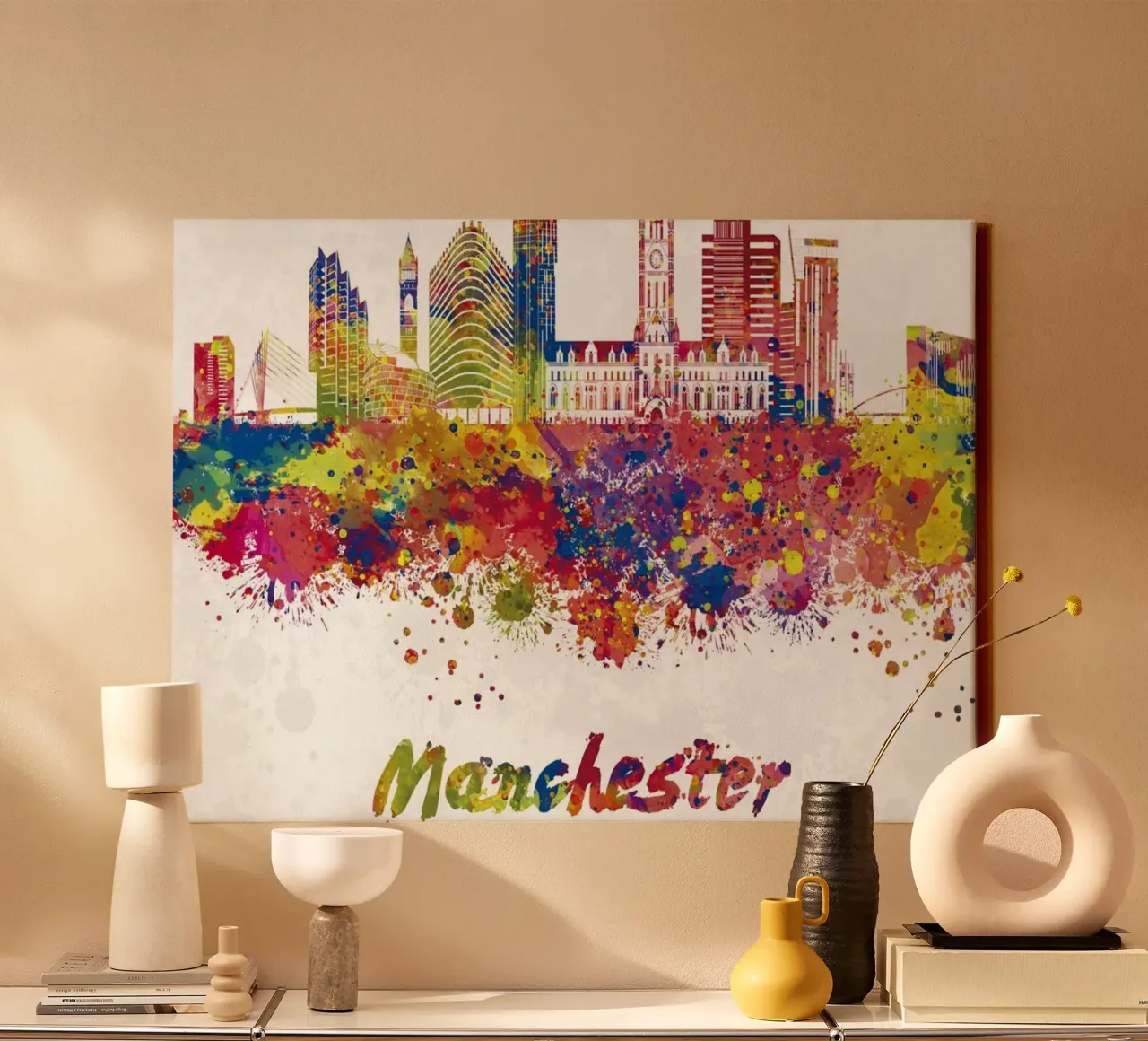 Manchester skyline in aquarel canvas met Baklijst van 🎁 ARTVI-SHOP