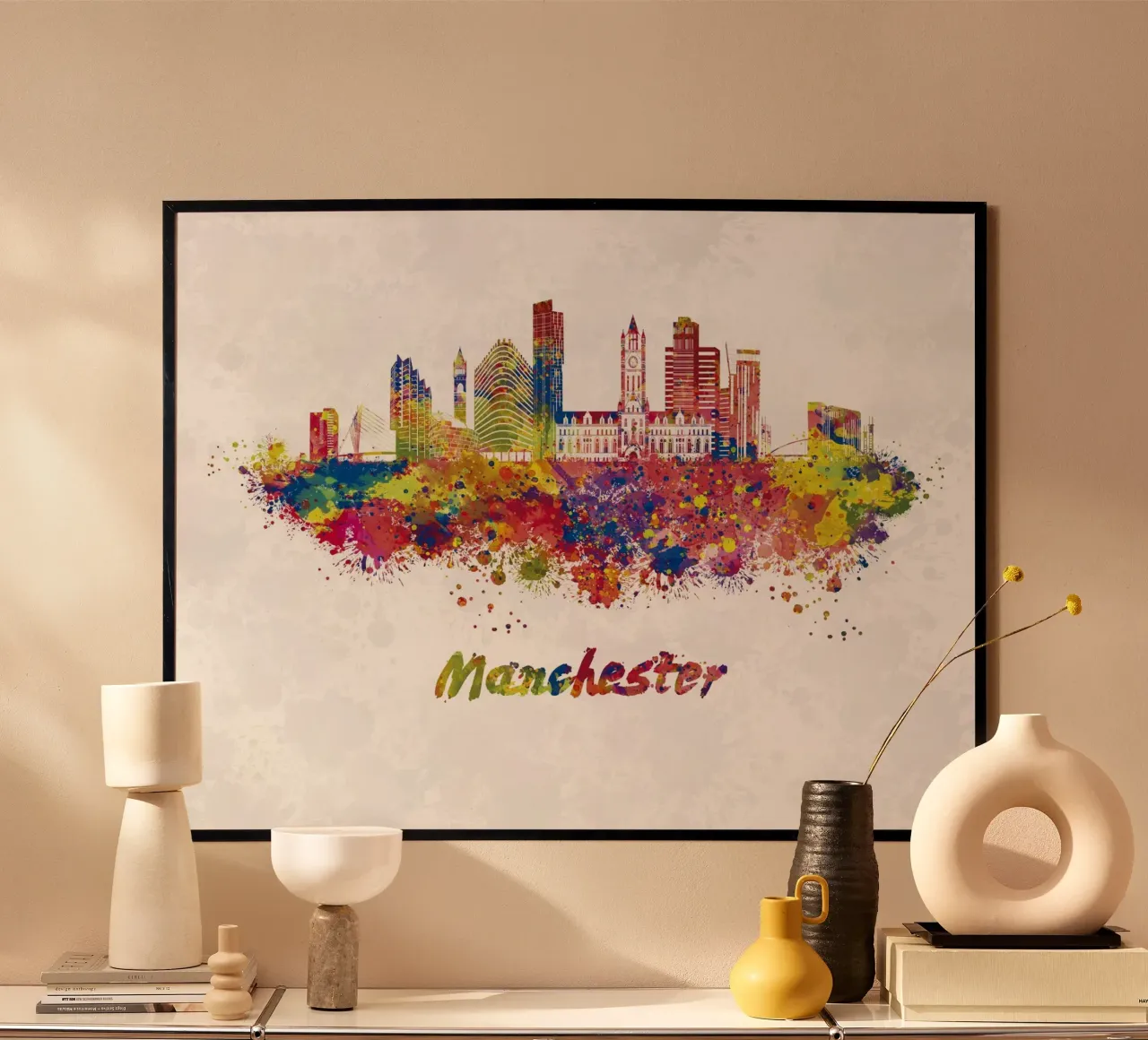 Lo skyline di Manchester in acquerello poster con telaio in alluminio da 🎁 ARTVI-SHOP