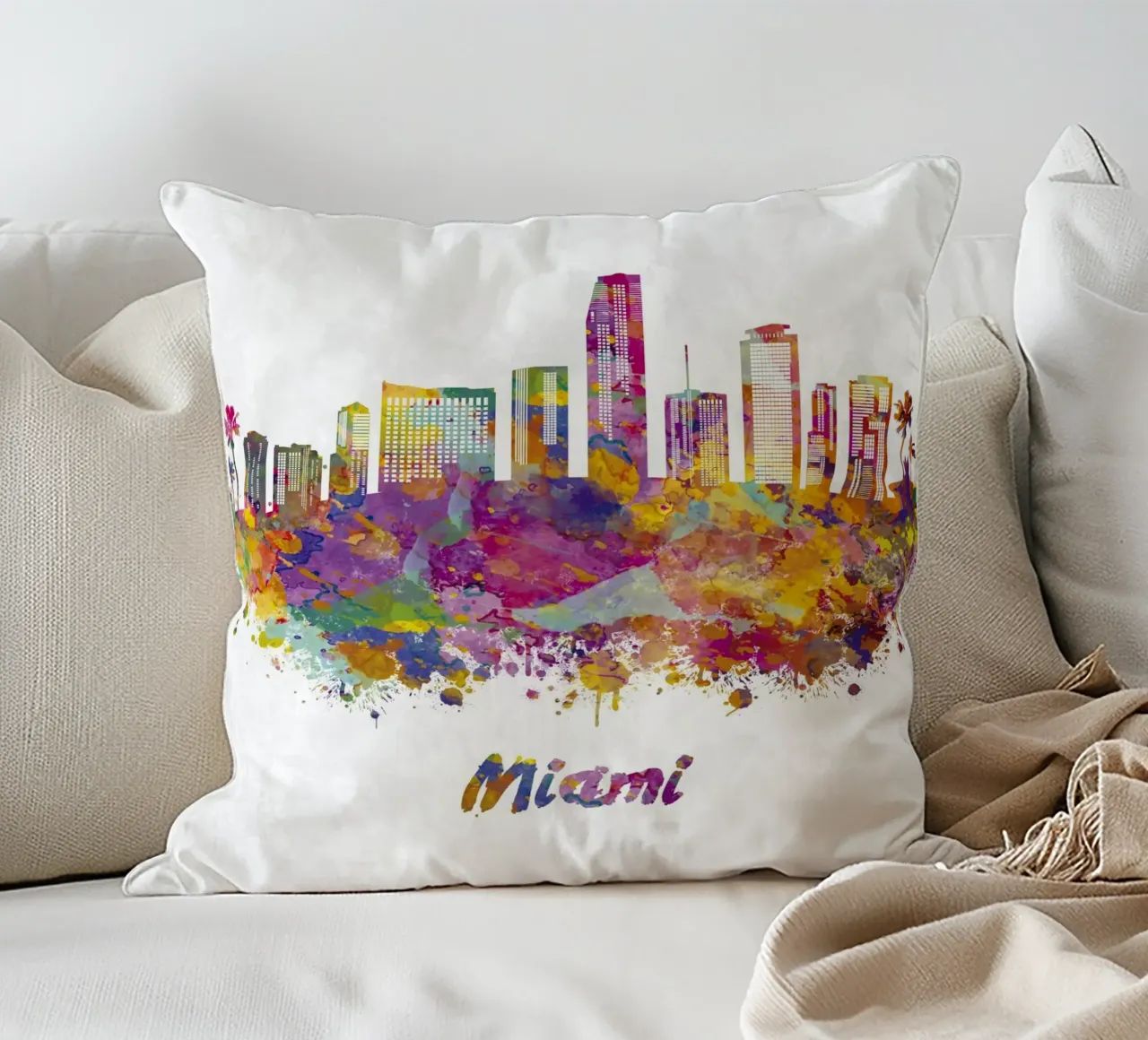 Lo skyline di Miami in acquerello cuscino da 🎁 ARTVI-SHOP