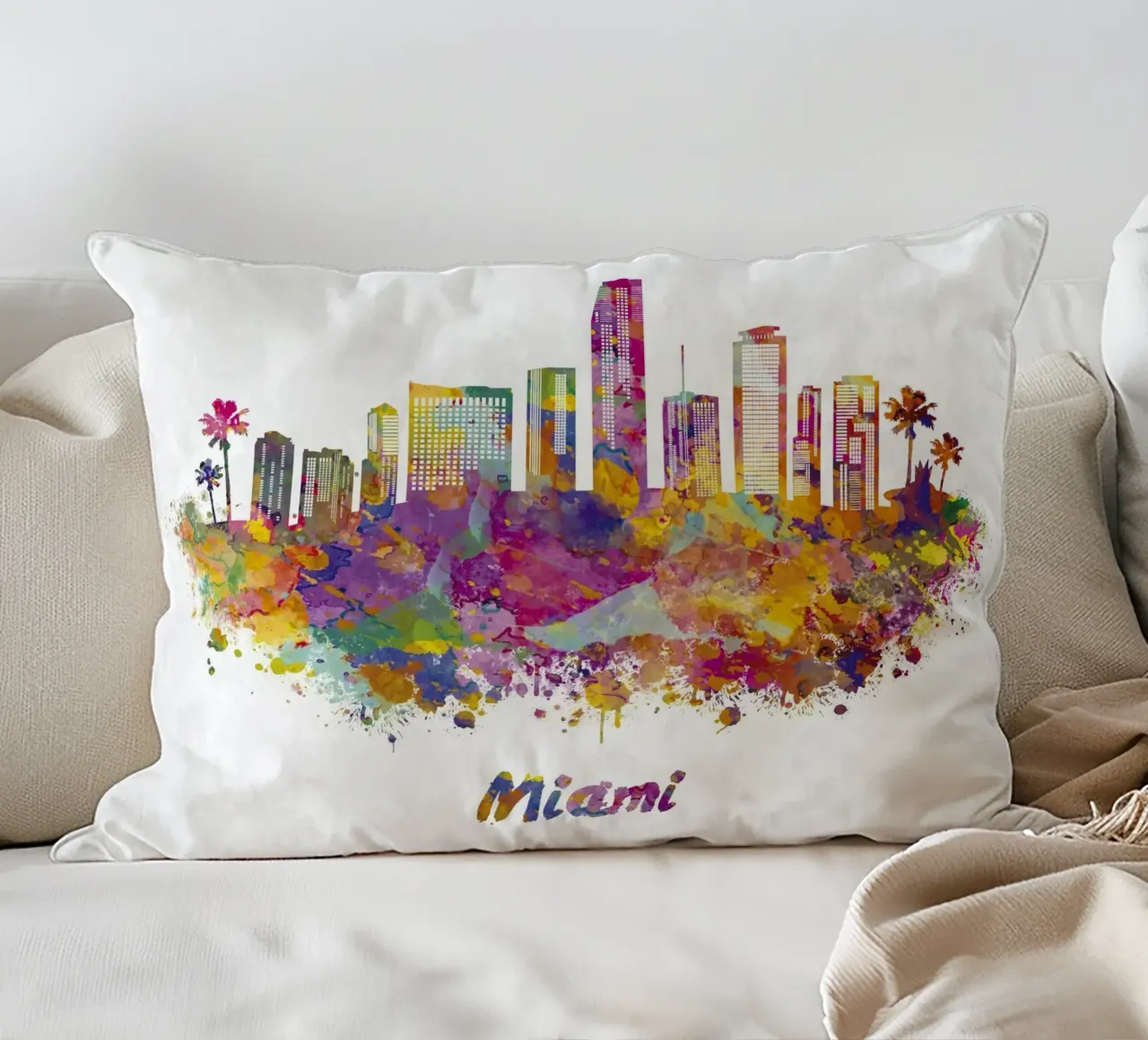 Lo skyline di Miami in acquerello cuscino da 🎁 ARTVI-SHOP