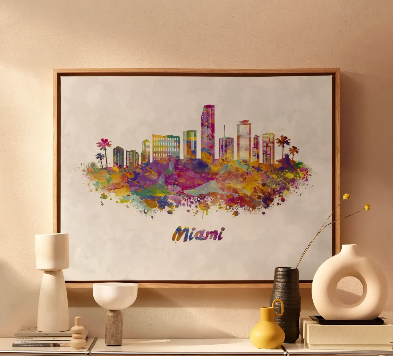 Lo skyline di Miami in acquerello tela con Cornice a cassetta da 🎁 ARTVI-SHOP