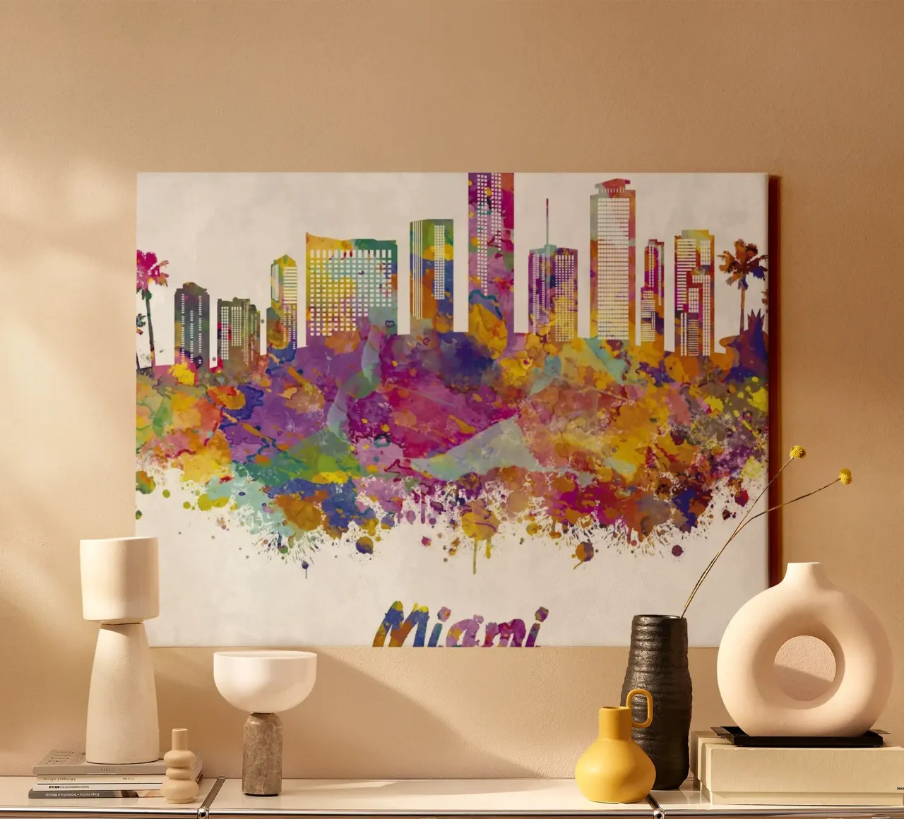 Lo skyline di Miami in acquerello tela con Cornice a cassetta da 🎁 ARTVI-SHOP