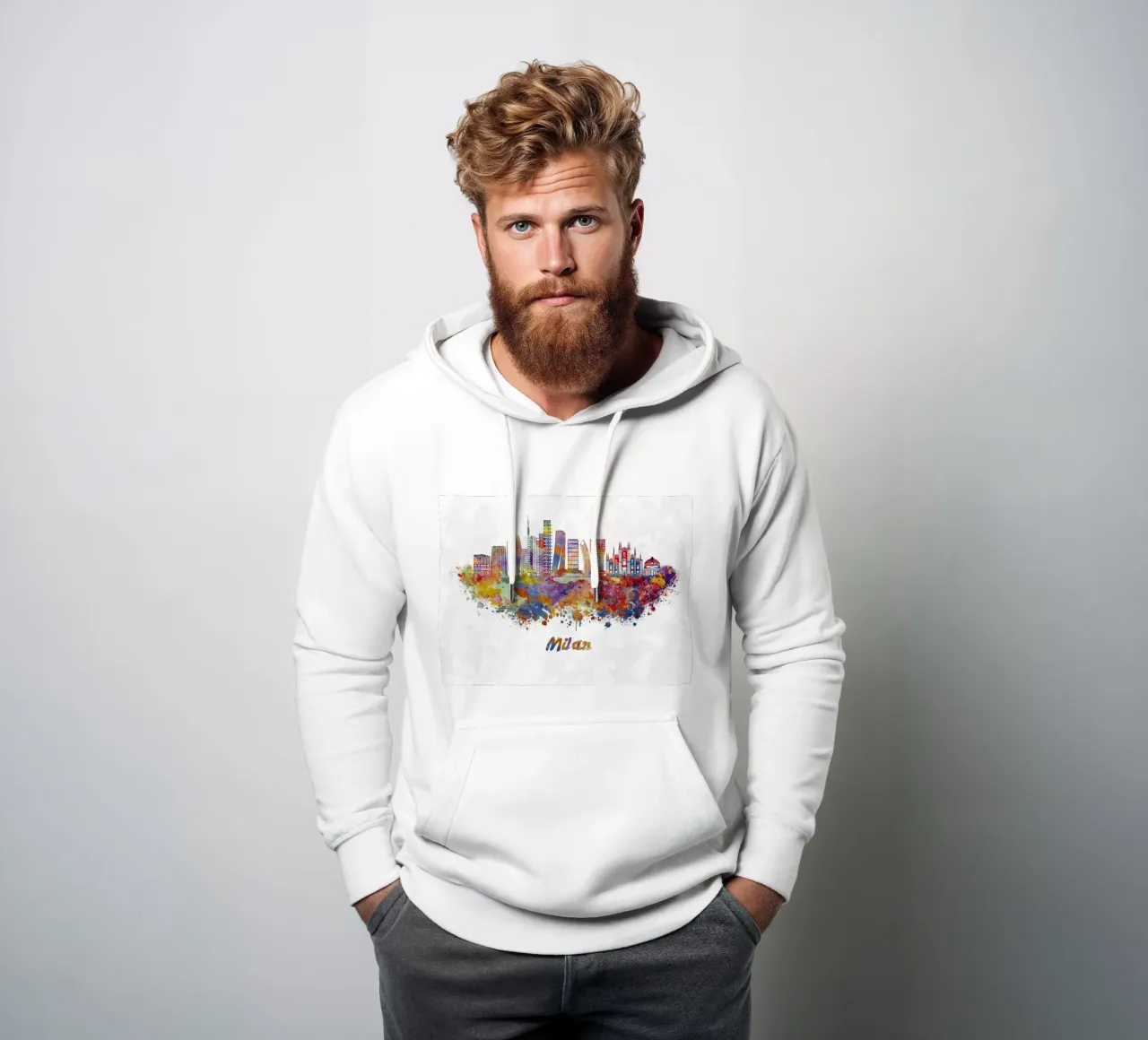 Lo skyline di Milano in acquerello felpa con cappuccio da 🎁 ARTVI-SHOP