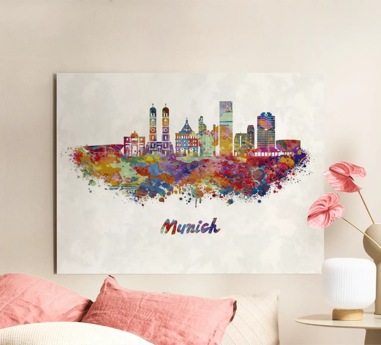 Lo skyline di Monaco di Baviera in acquerello alluminio dibond da ARTVI-SHOP
