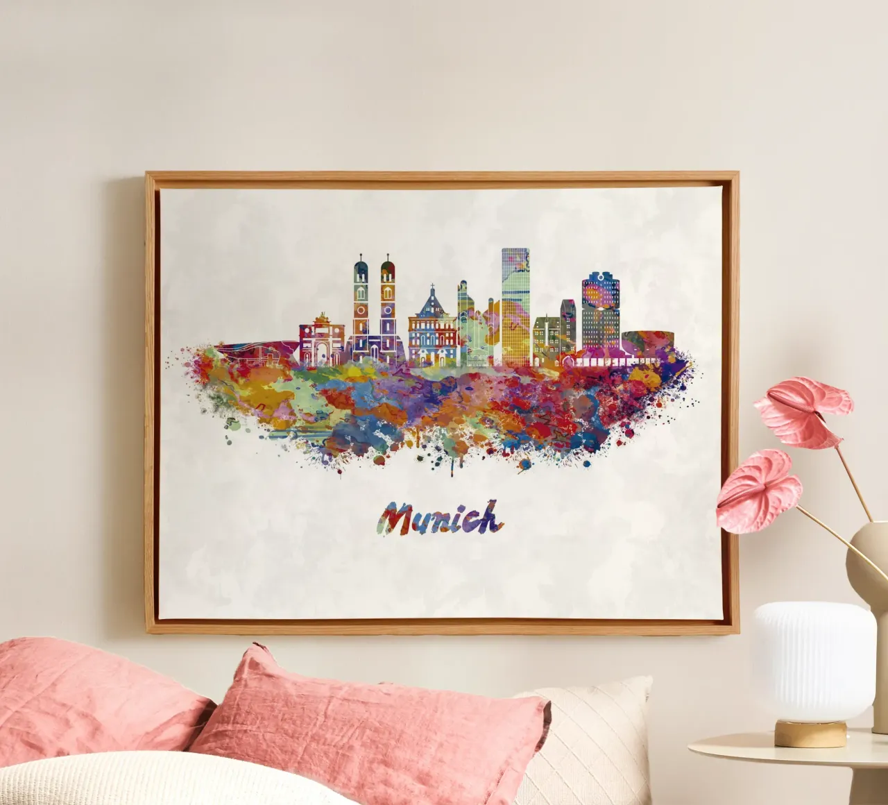Lo skyline di Monaco di Baviera in acquerello tela con Cornice a cassetta da 🎁 ARTVI-SHOP