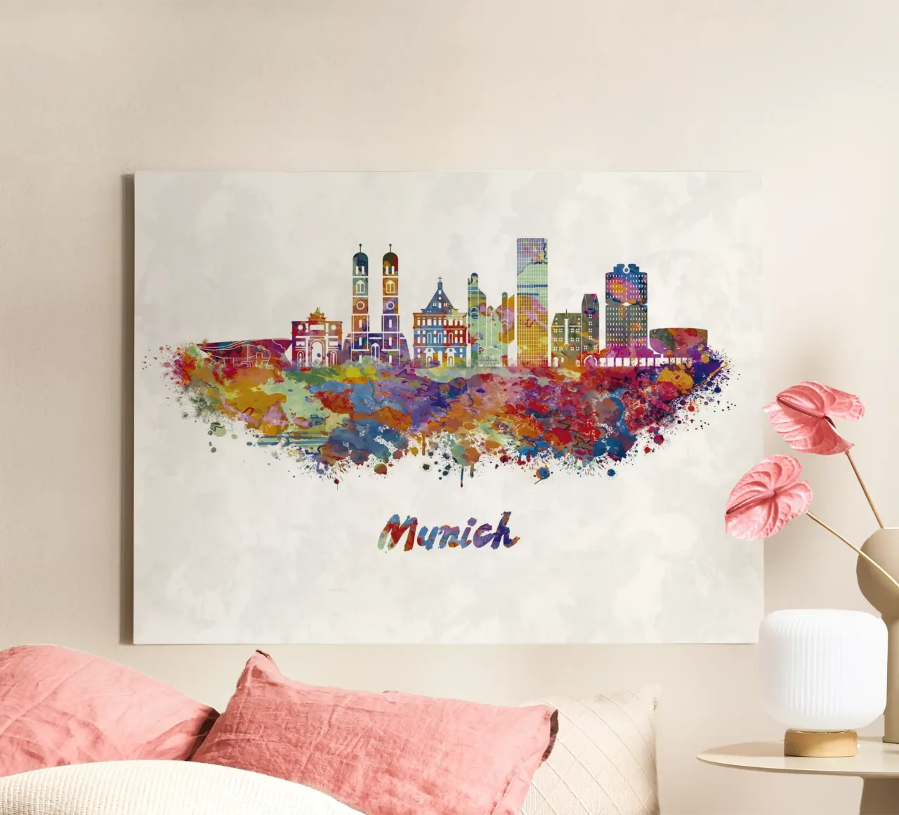 Lo skyline di Monaco di Baviera in acquerello tela con Cornice a cassetta da 🎁 ARTVI-SHOP