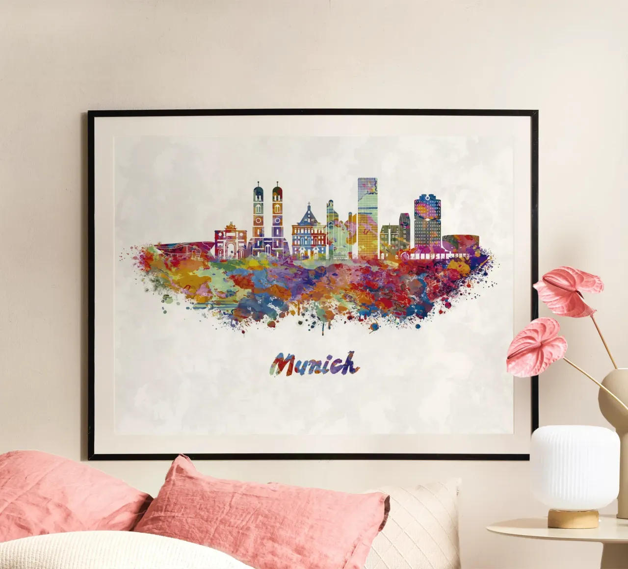 Lo skyline di Monaco di Baviera in acquerello poster da 🎁 ARTVI-SHOP