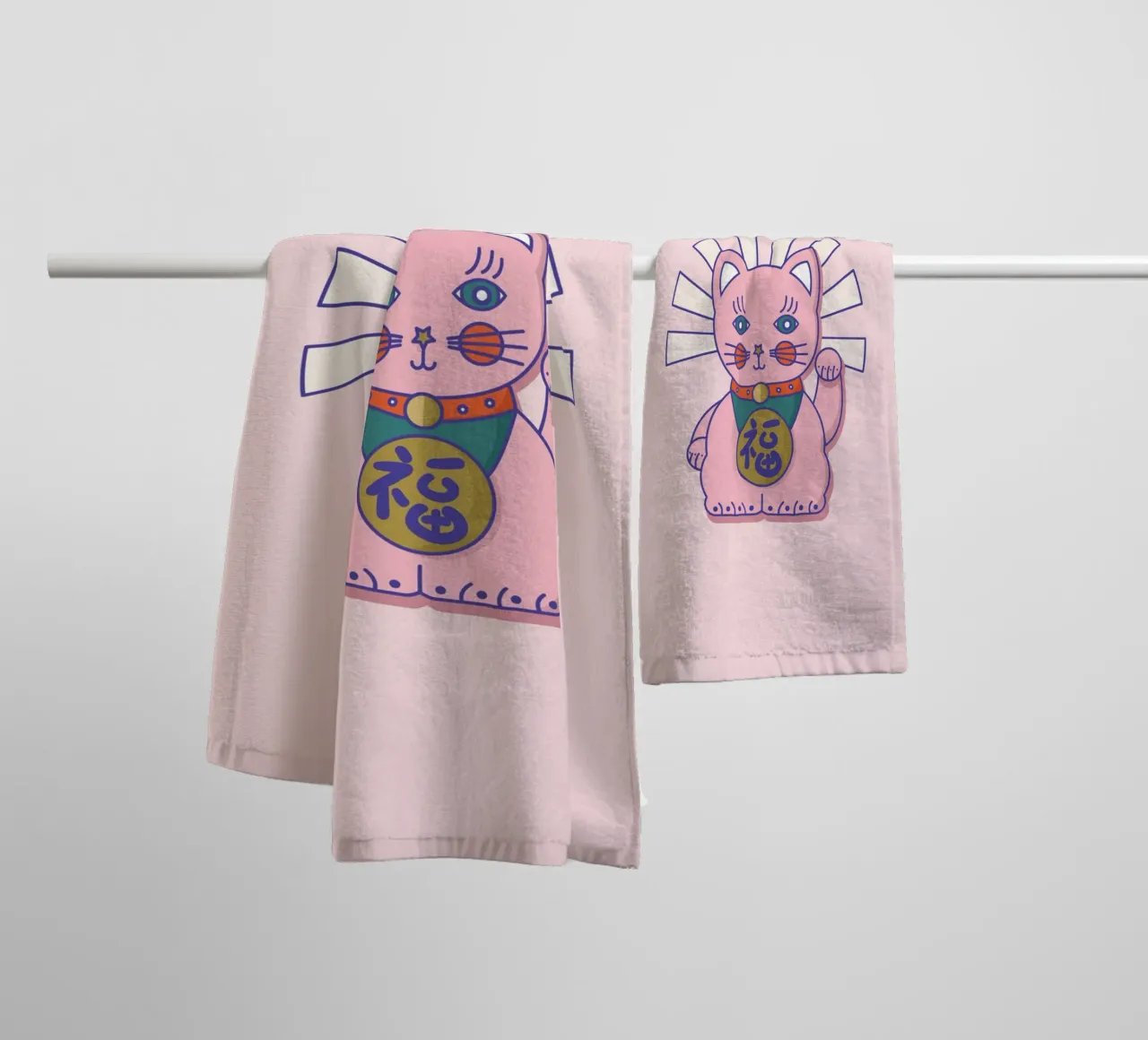 Pink Maneki-neko Lucky Cat Art Print - Japanese Culture towel by showmemars