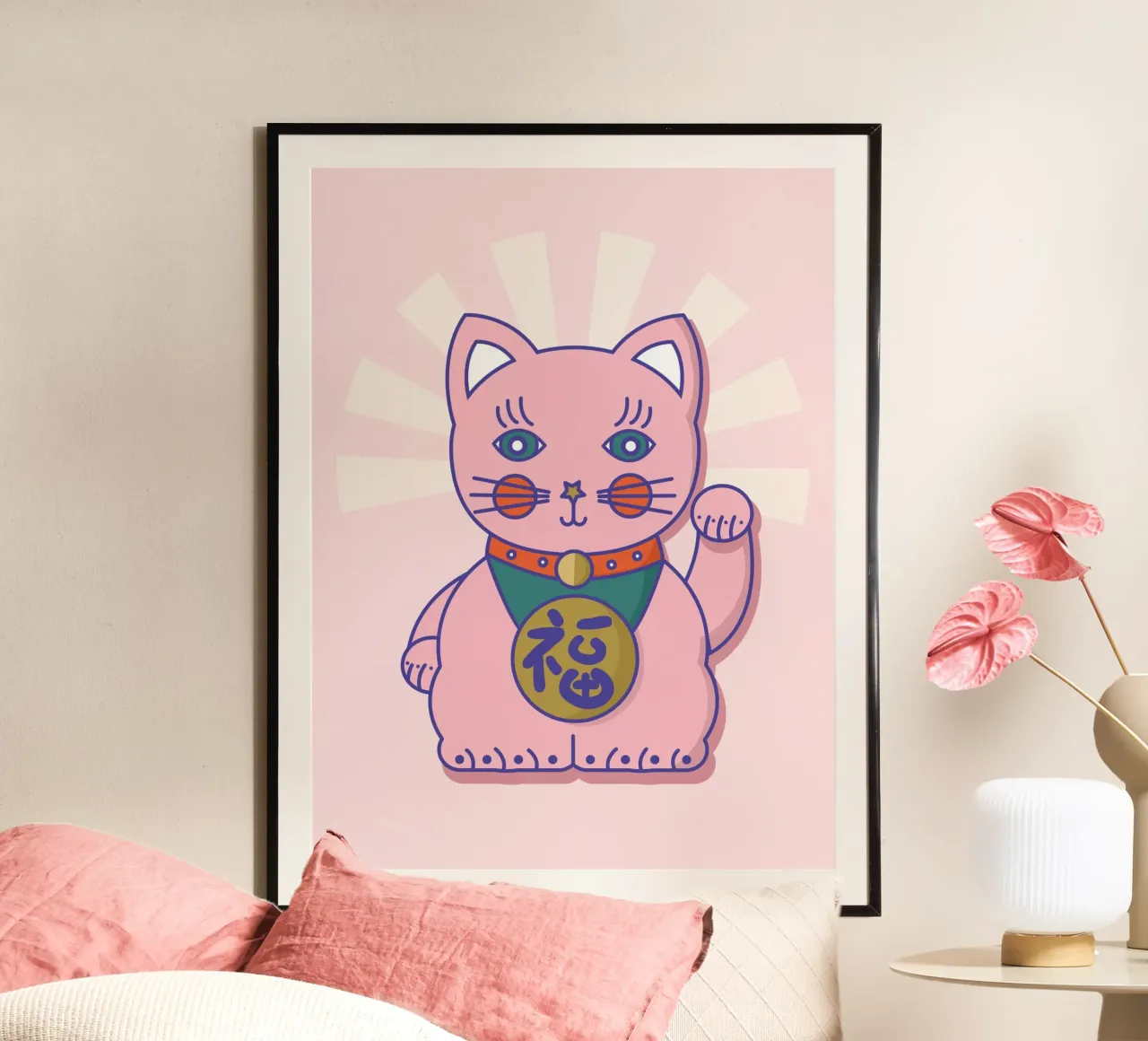 Pink Maneki-neko Lucky Cat Art Print - Japanese Culture poster con telaio in legno da showmemars
