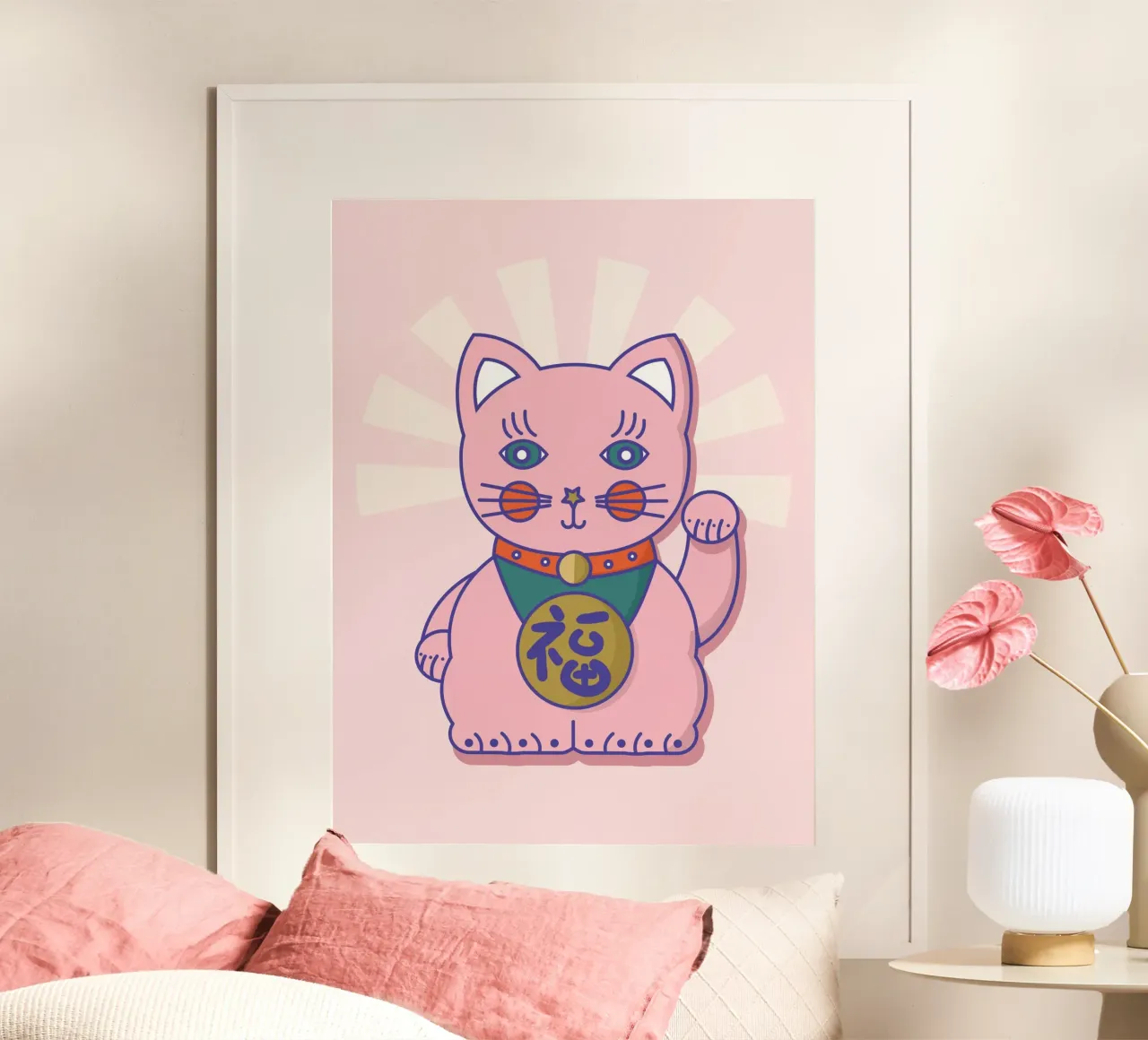 Pink Maneki-neko Lucky Cat Art Print - Japanese Culture poster con telaio in legno da showmemars
