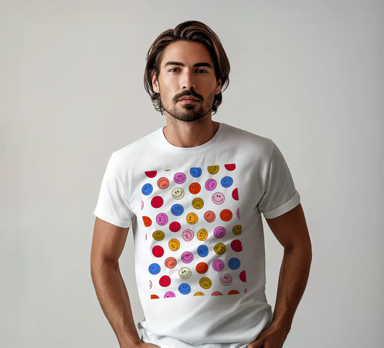 Retro Smiley Faces Seamless Pattern - Neon Colors t-shirt da showmemars